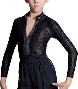 Kids Boys Floral Lace Mesh Latin Modern Dance Shirt Tops Leotard Ballroom Dancewear V-Neck Bodysuit See-Through