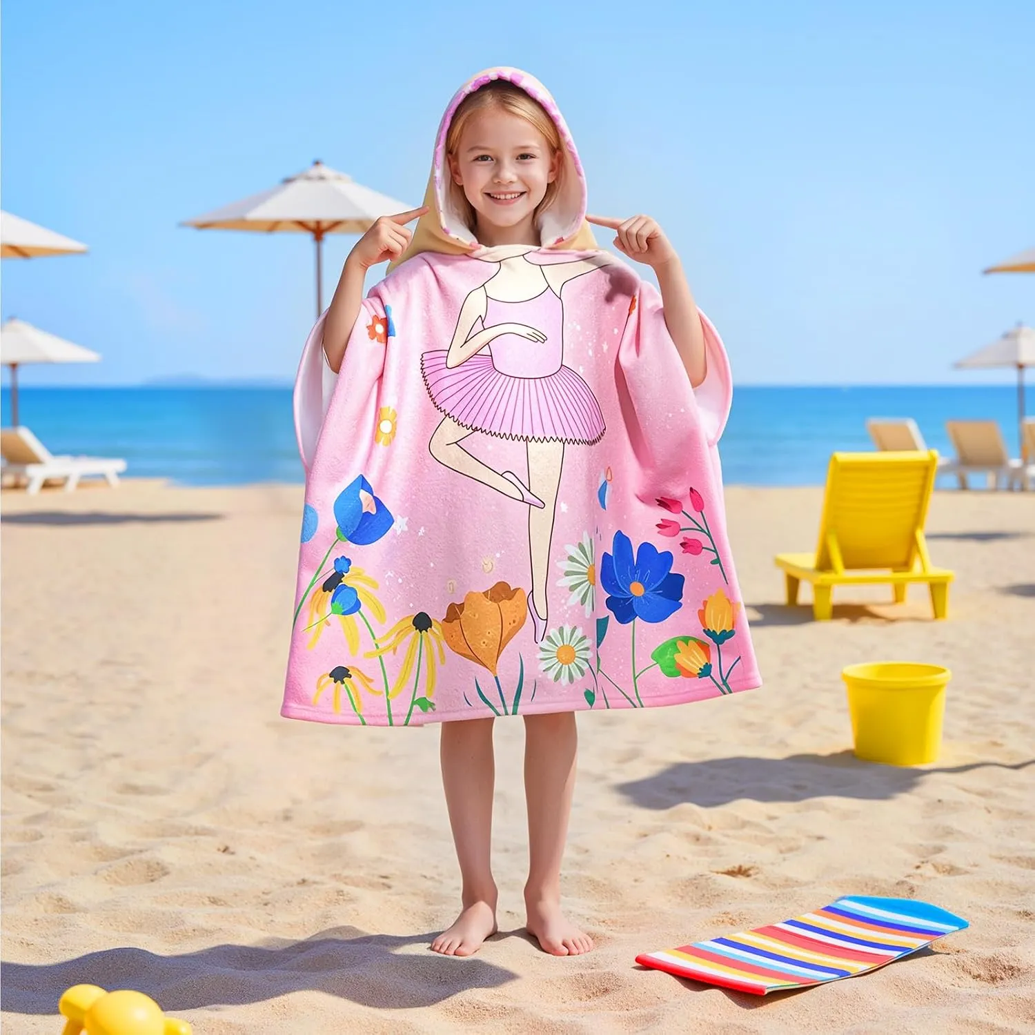 Kids Hooded Towel-Ballet Beach Towel for Toddlers Ages 3-10, Dance Gifts for Girls, Girls Swim Cover Up 30"x 25", Toddler Bath Robe with Hood for Pool Beach, Soft Microfiber, Backpack Included
