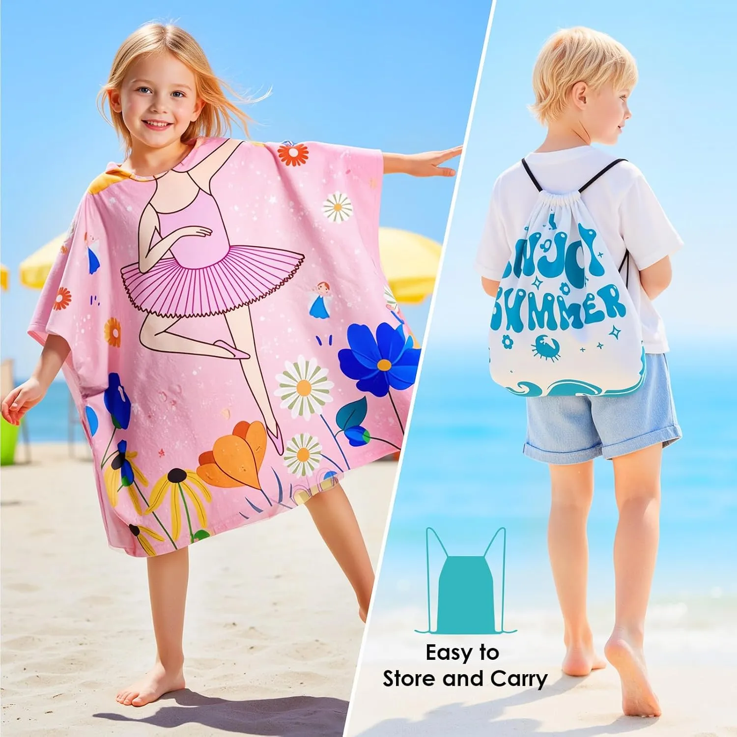 Kids Hooded Towel-Ballet Beach Towel for Toddlers Ages 3-10, Dance Gifts for Girls, Girls Swim Cover Up 30"x 25", Toddler Bath Robe with Hood for Pool Beach, Soft Microfiber, Backpack Included