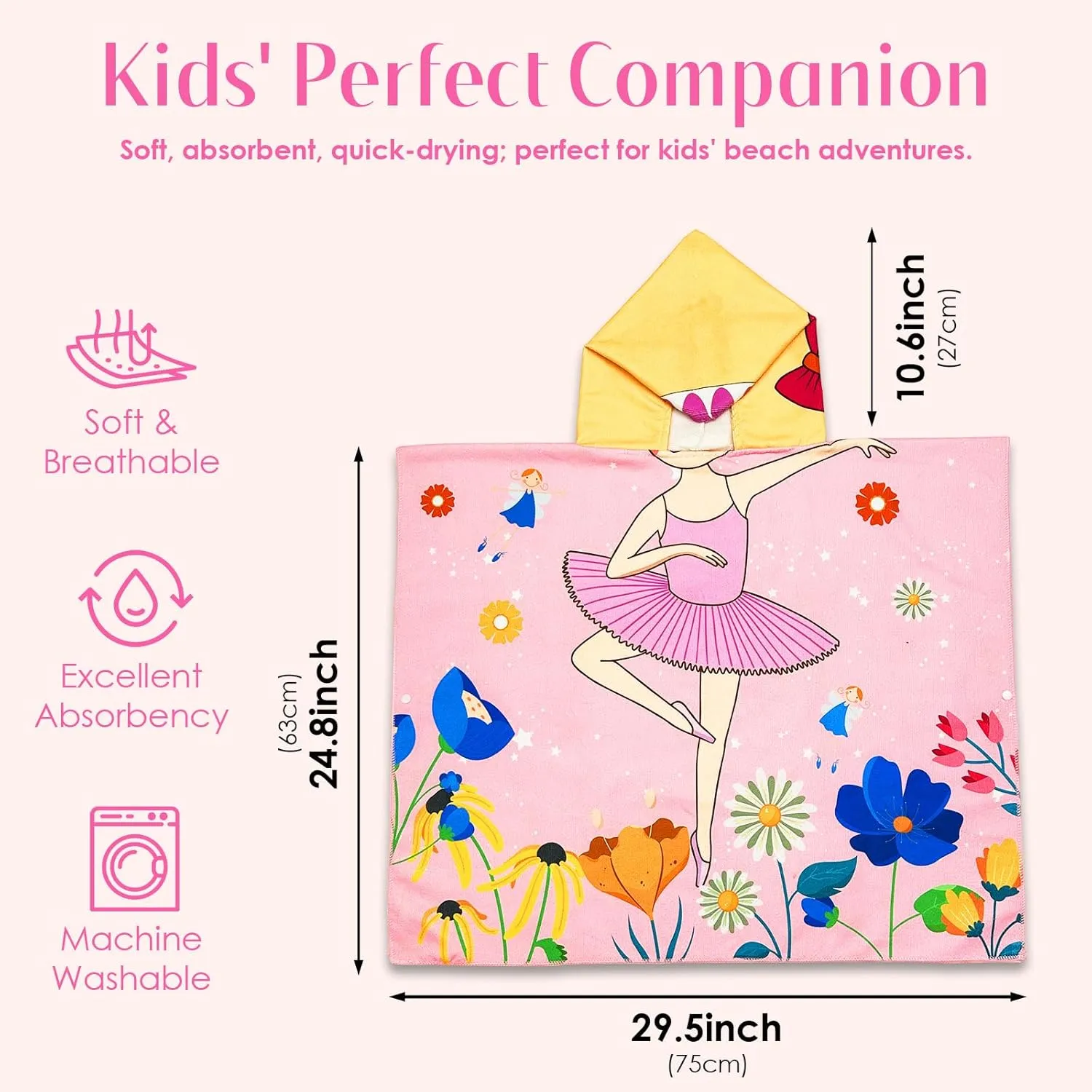 Kids Hooded Towel-Ballet Beach Towel for Toddlers Ages 3-10, Dance Gifts for Girls, Girls Swim Cover Up 30"x 25", Toddler Bath Robe with Hood for Pool Beach, Soft Microfiber, Backpack Included
