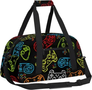 Kids Overnighter Duffel Bags for Boys Girls, Games Joystick Carry-On Size Sports Gym Bag with Front Zipper Pocket for School Practice or Overnight Travel Weekender Sleepover Tote Bag