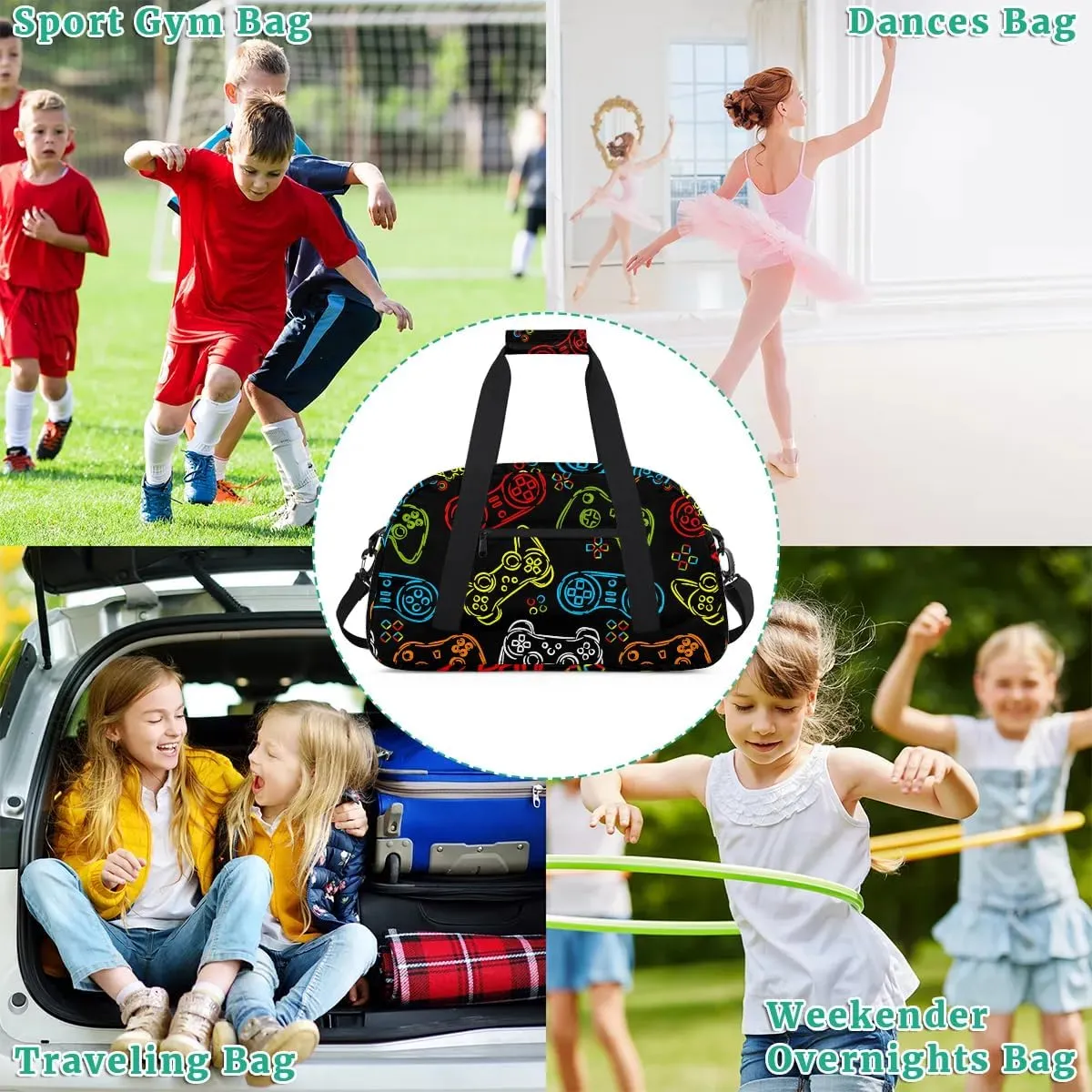 Kids Overnighter Duffel Bags for Boys Girls, Games Joystick Carry-On Size Sports Gym Bag with Front Zipper Pocket for School Practice or Overnight Travel Weekender Sleepover Tote Bag