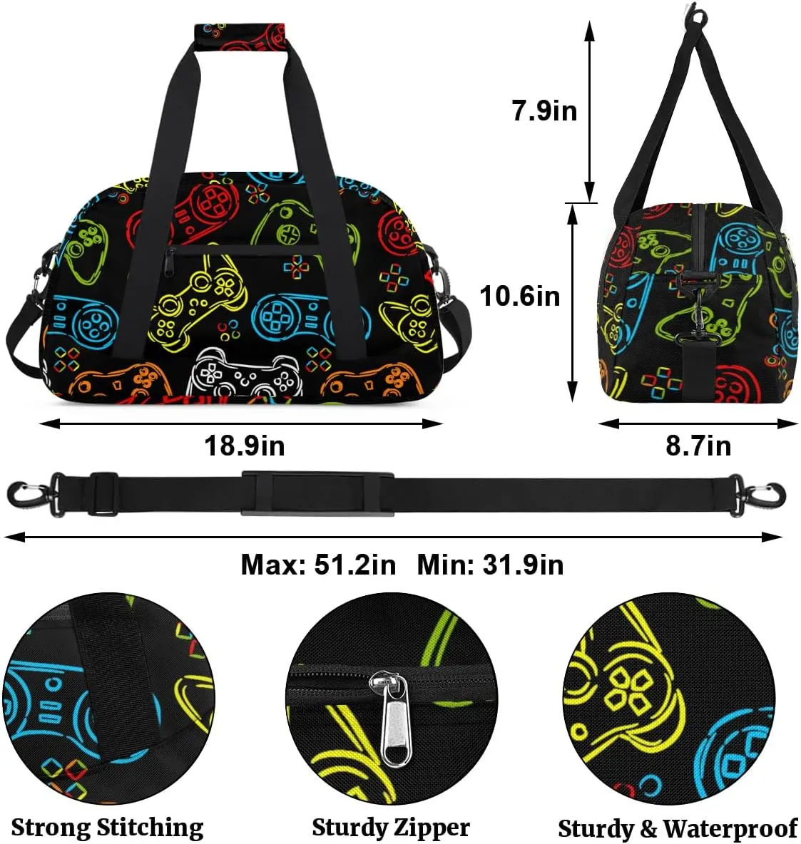 Kids Overnighter Duffel Bags for Boys Girls, Games Joystick Carry-On Size Sports Gym Bag with Front Zipper Pocket for School Practice or Overnight Travel Weekender Sleepover Tote Bag