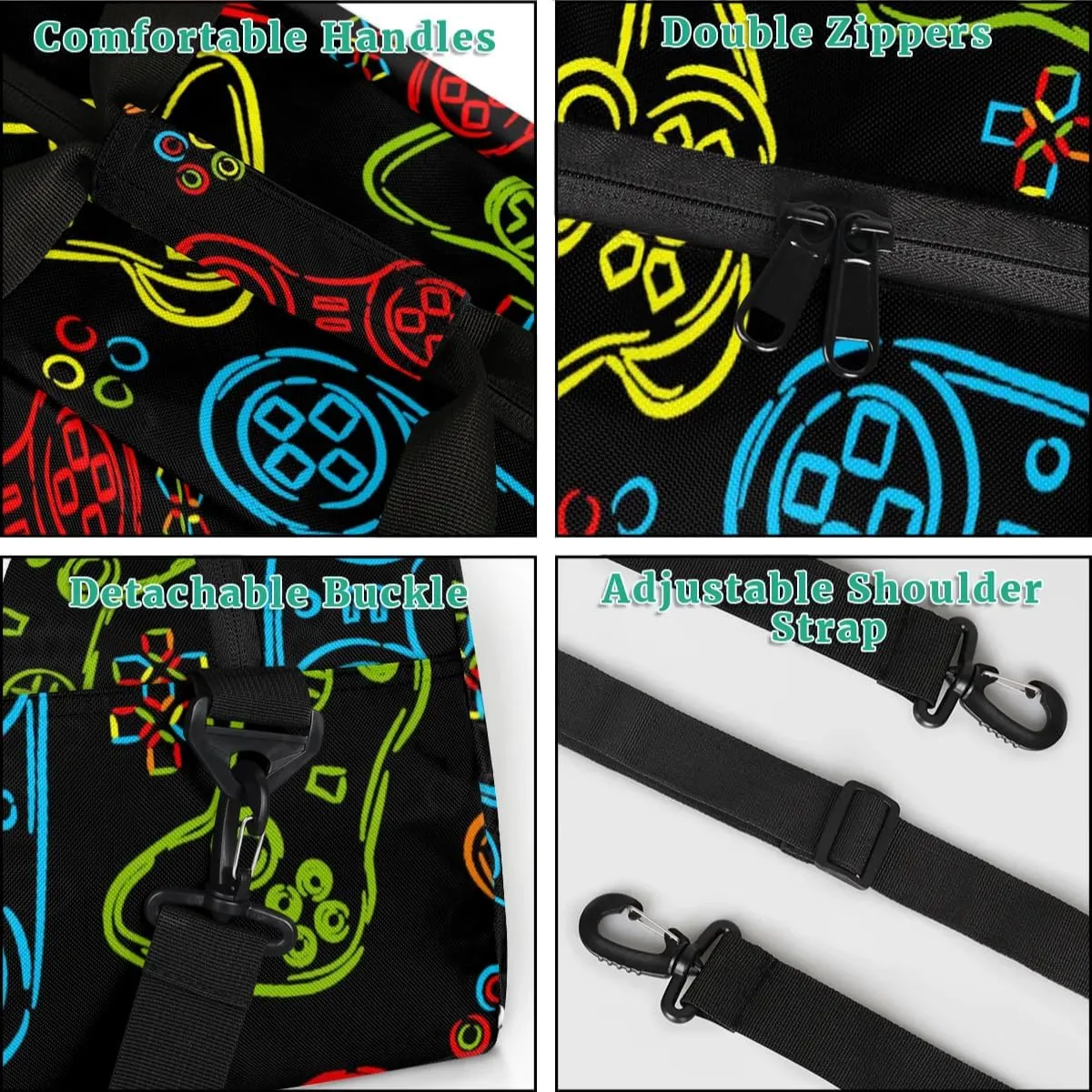 Kids Overnighter Duffel Bags for Boys Girls, Games Joystick Carry-On Size Sports Gym Bag with Front Zipper Pocket for School Practice or Overnight Travel Weekender Sleepover Tote Bag