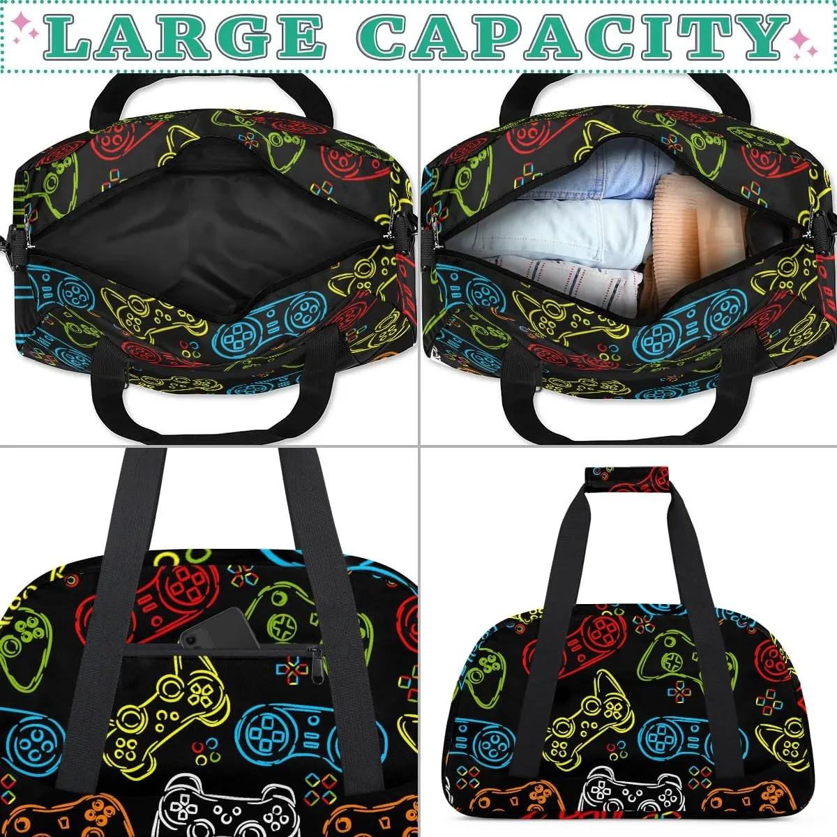 Kids Overnighter Duffel Bags for Boys Girls, Games Joystick Carry-On Size Sports Gym Bag with Front Zipper Pocket for School Practice or Overnight Travel Weekender Sleepover Tote Bag