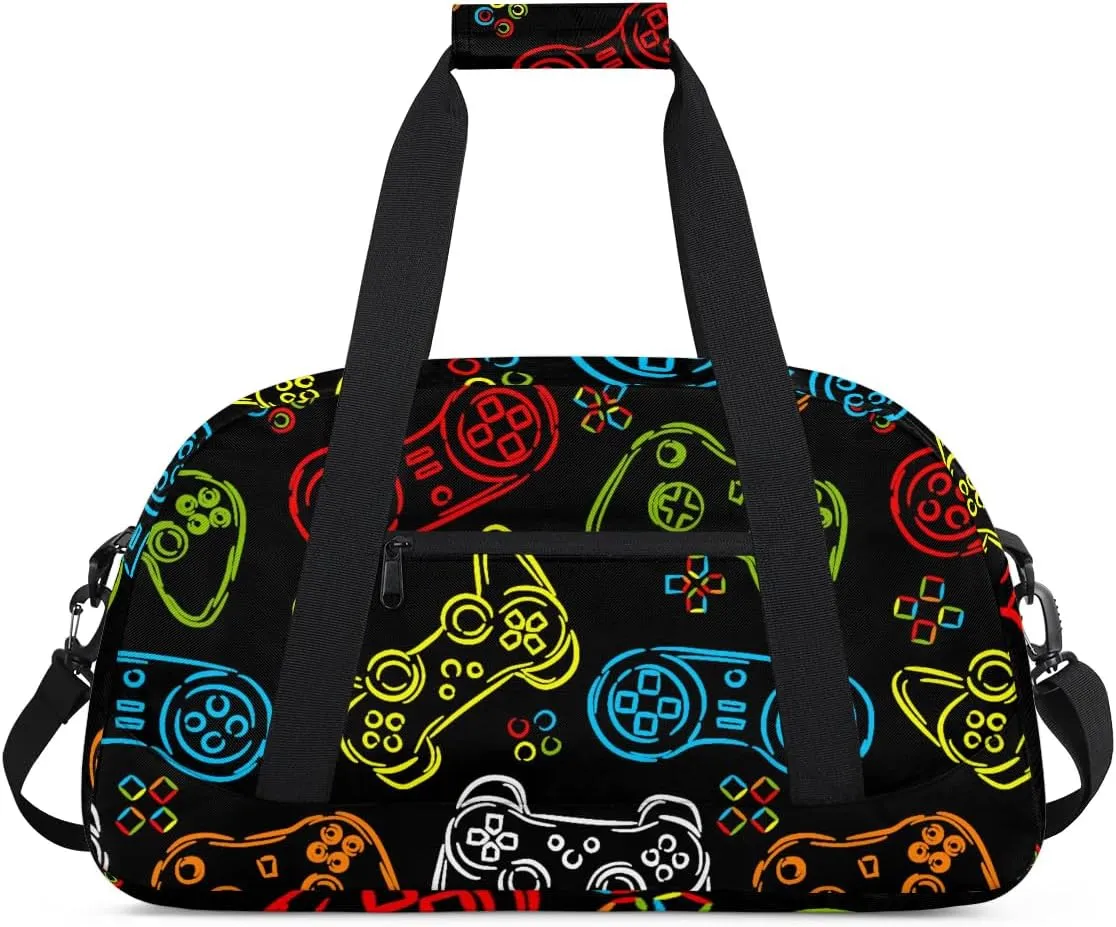 Kids Overnighter Duffel Bags for Boys Girls, Games Joystick Carry-On Size Sports Gym Bag with Front Zipper Pocket for School Practice or Overnight Travel Weekender Sleepover Tote Bag