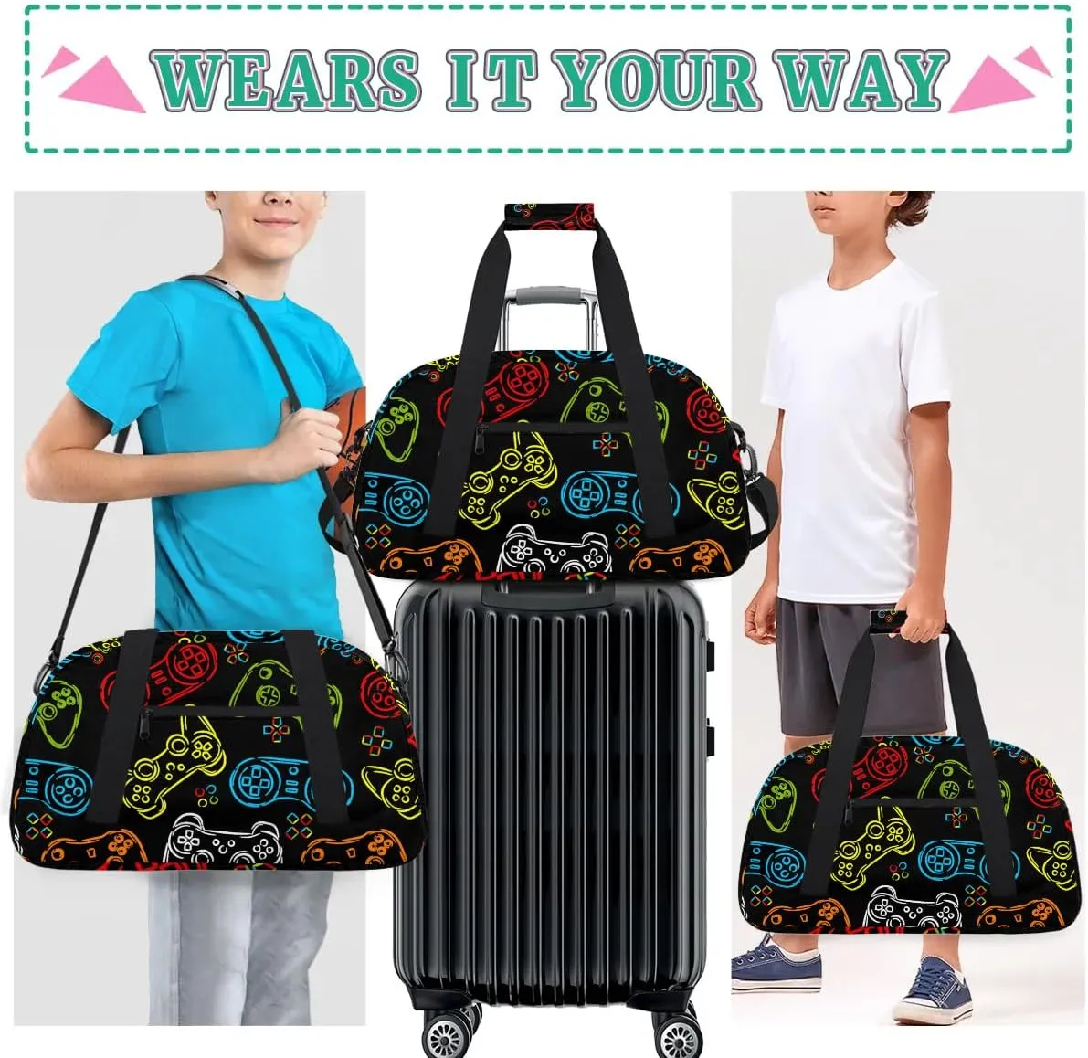 Kids Overnighter Duffel Bags for Boys Girls, Games Joystick Carry-On Size Sports Gym Bag with Front Zipper Pocket for School Practice or Overnight Travel Weekender Sleepover Tote Bag