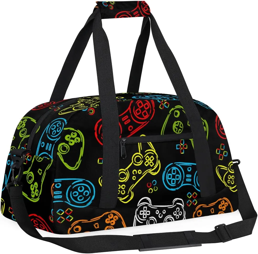 Kids Overnighter Duffel Bags for Boys Girls, Games Joystick Carry-On Size Sports Gym Bag with Front Zipper Pocket for School Practice or Overnight Travel Weekender Sleepover Tote Bag
