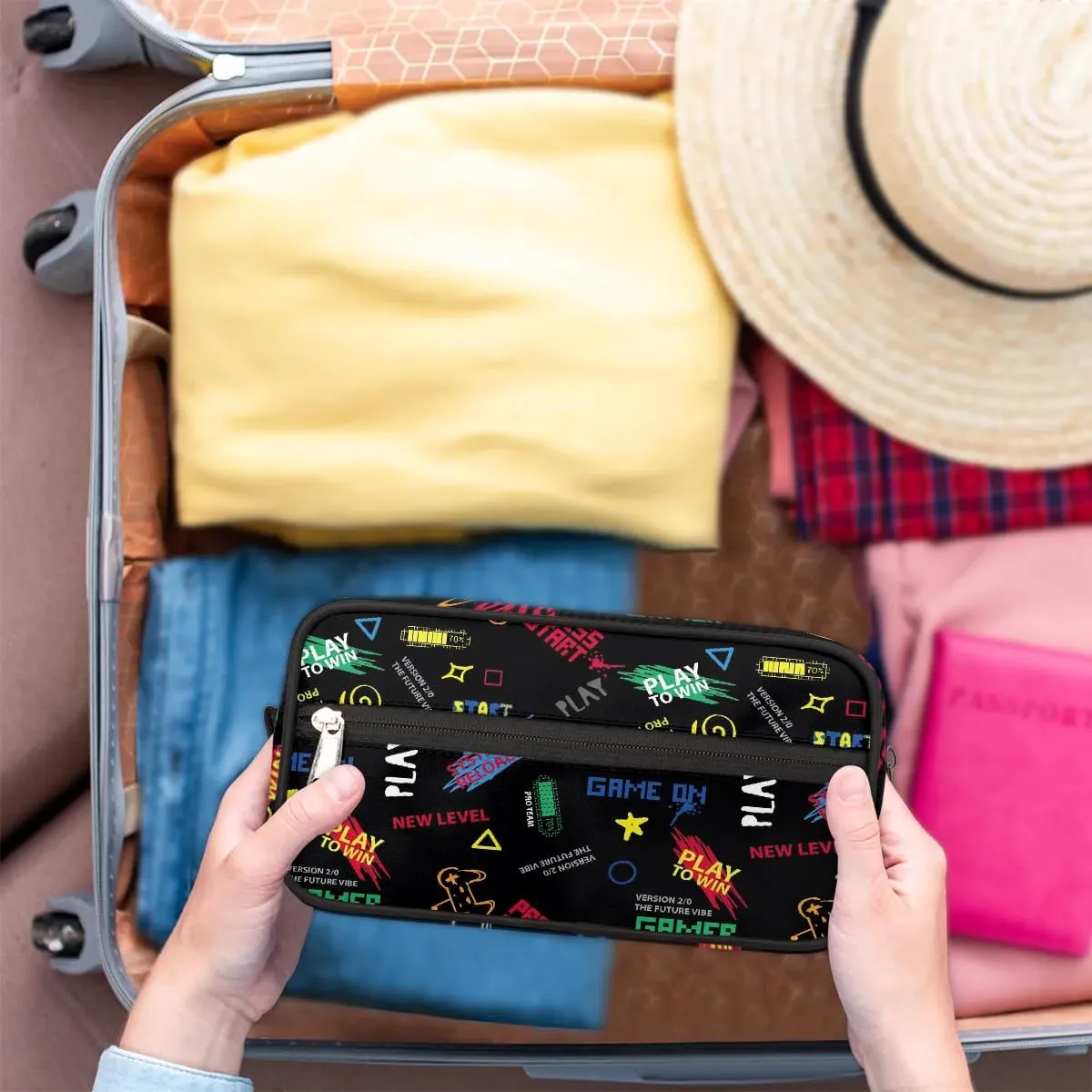 Kids Travel Toiletry Bag, Play to Win Waterproof Hanging Dopp Kit for Teens Boys, Cool Switch Carrying Case Compatible with Nintendo Switch and New Switch OLED Console