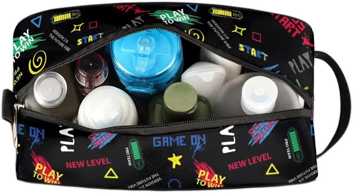 Kids Travel Toiletry Bag, Play to Win Waterproof Hanging Dopp Kit for Teens Boys, Cool Switch Carrying Case Compatible with Nintendo Switch and New Switch OLED Console