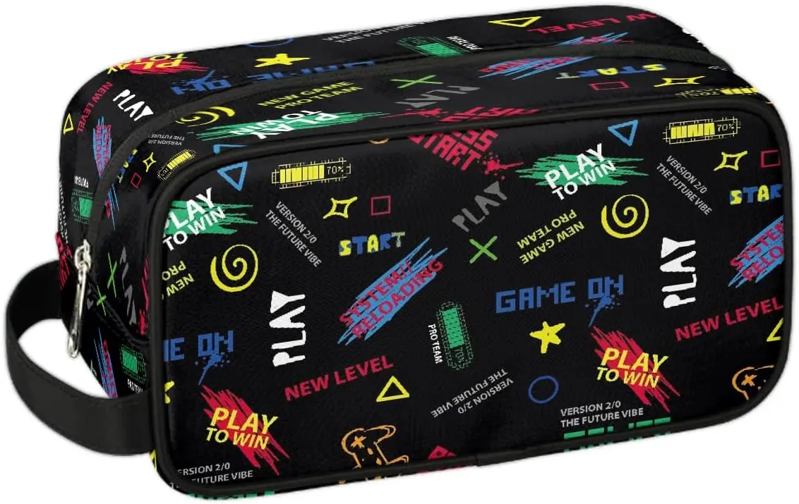 Kids Travel Toiletry Bag, Play to Win Waterproof Hanging Dopp Kit for Teens Boys, Cool Switch Carrying Case Compatible with Nintendo Switch and New Switch OLED Console