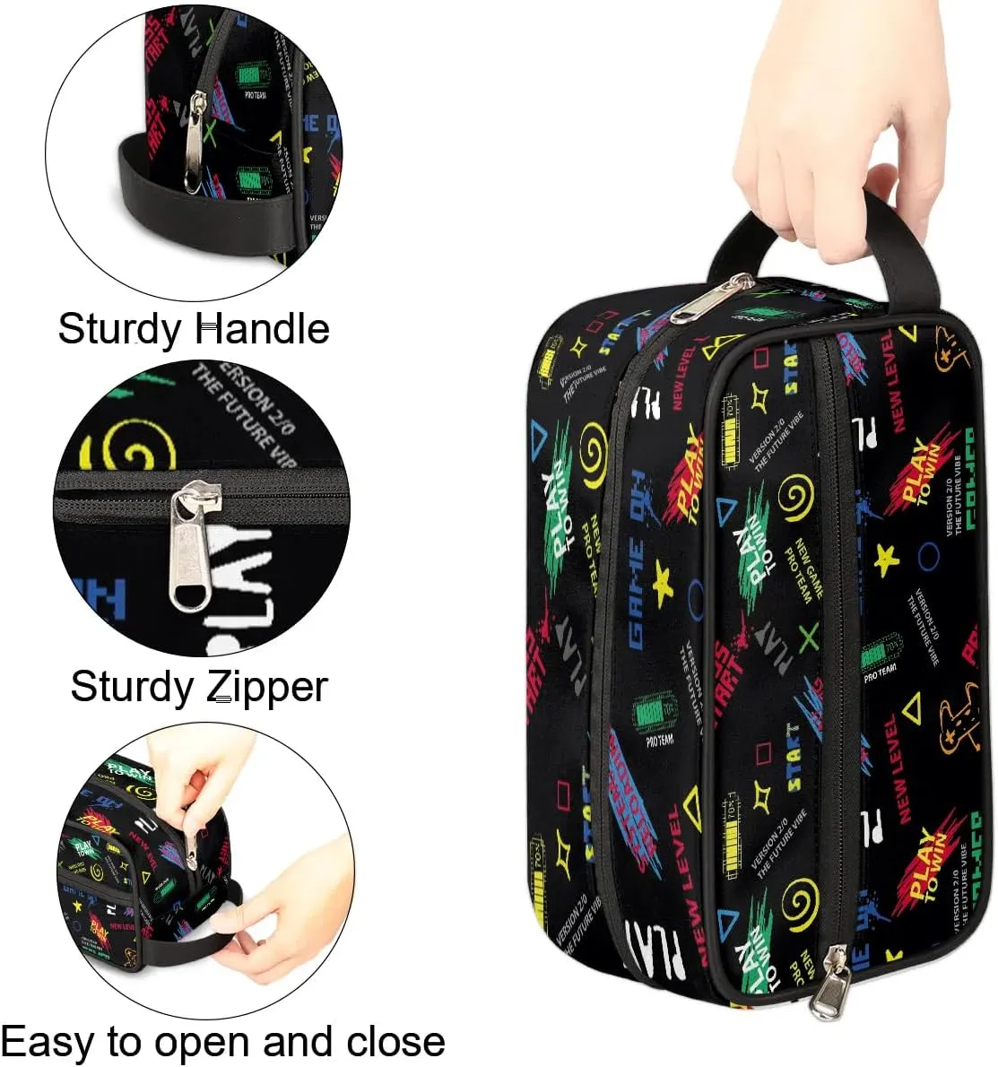 Kids Travel Toiletry Bag, Play to Win Waterproof Hanging Dopp Kit for Teens Boys, Cool Switch Carrying Case Compatible with Nintendo Switch and New Switch OLED Console