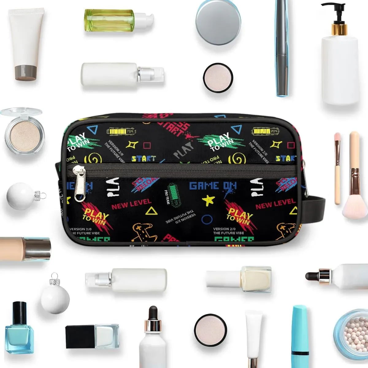 Kids Travel Toiletry Bag, Play to Win Waterproof Hanging Dopp Kit for Teens Boys, Cool Switch Carrying Case Compatible with Nintendo Switch and New Switch OLED Console
