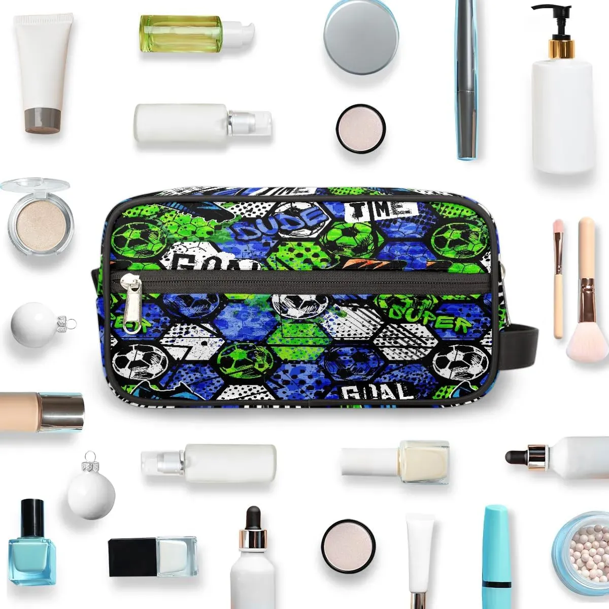 Kids Travel Toiletry Bag, Waterproof Hanging Dopp Kit for Teens Boys, Cool Blue Soccer Switch Carrying Case Compatible with Nintendo Switch and New Switch OLED Console