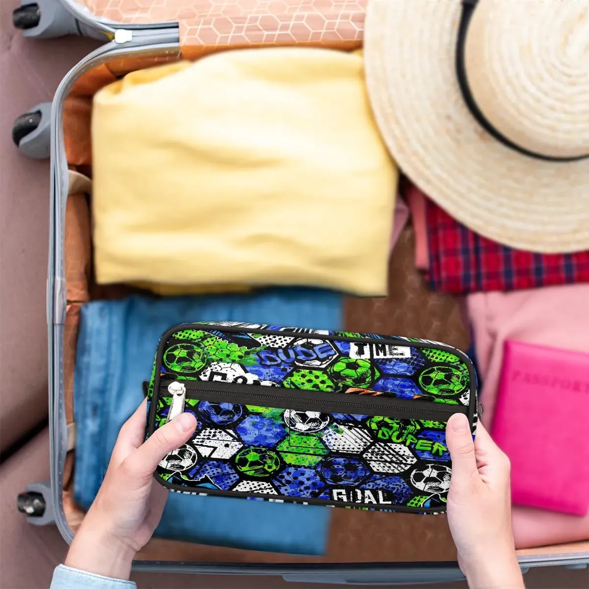 Kids Travel Toiletry Bag, Waterproof Hanging Dopp Kit for Teens Boys, Cool Blue Soccer Switch Carrying Case Compatible with Nintendo Switch and New Switch OLED Console