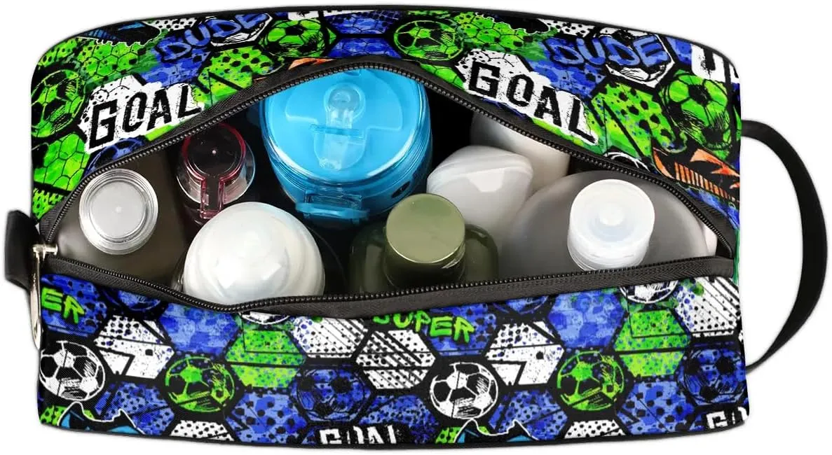 Kids Travel Toiletry Bag, Waterproof Hanging Dopp Kit for Teens Boys, Cool Blue Soccer Switch Carrying Case Compatible with Nintendo Switch and New Switch OLED Console