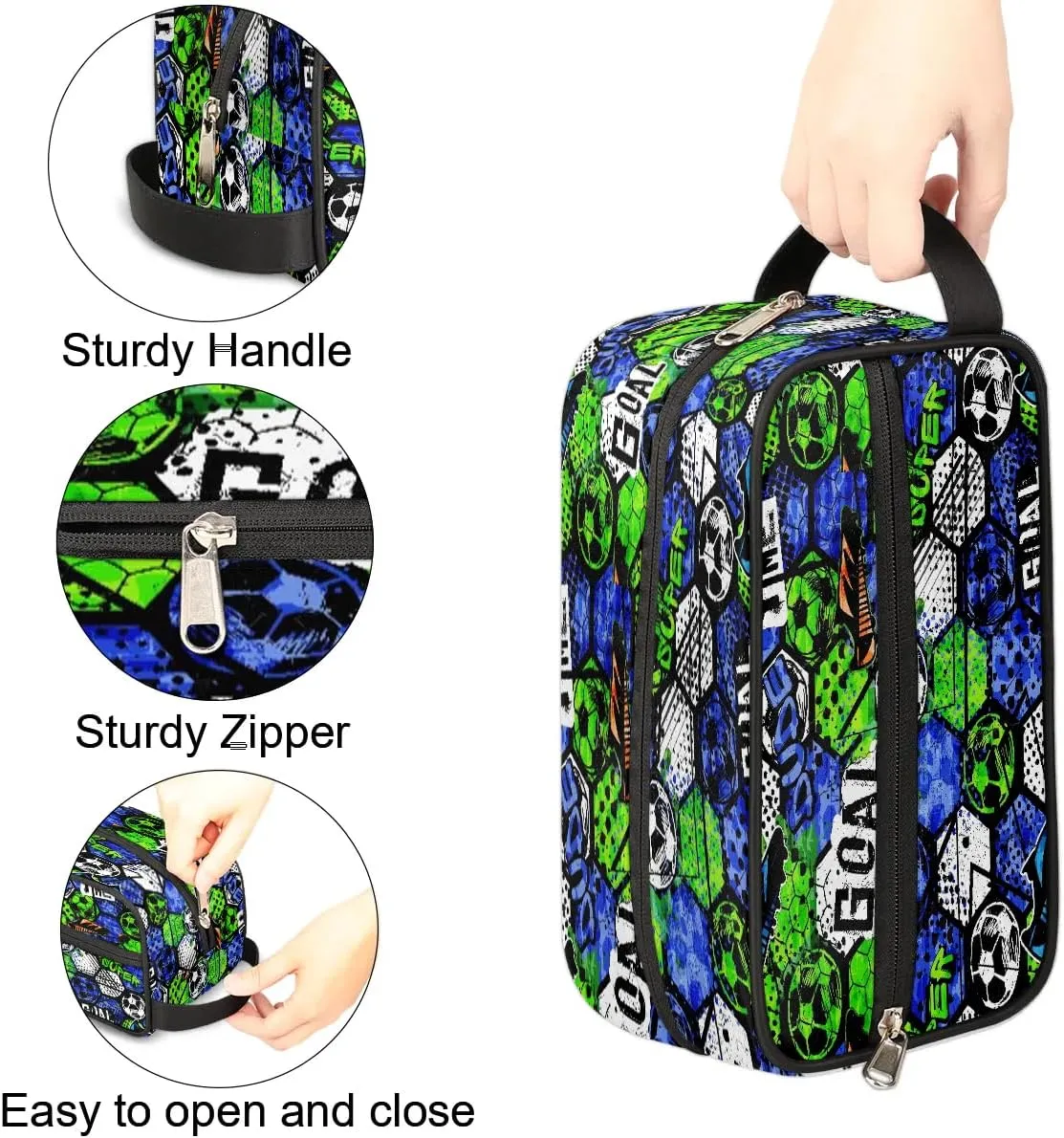 Kids Travel Toiletry Bag, Waterproof Hanging Dopp Kit for Teens Boys, Cool Blue Soccer Switch Carrying Case Compatible with Nintendo Switch and New Switch OLED Console