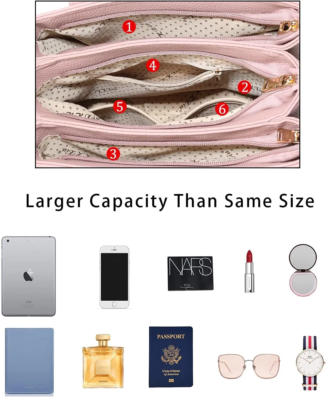 KKXIU 3 Zippered Compartments Purses and Handbags for Women Top Handle Satchel Shoulder Ladies Bags