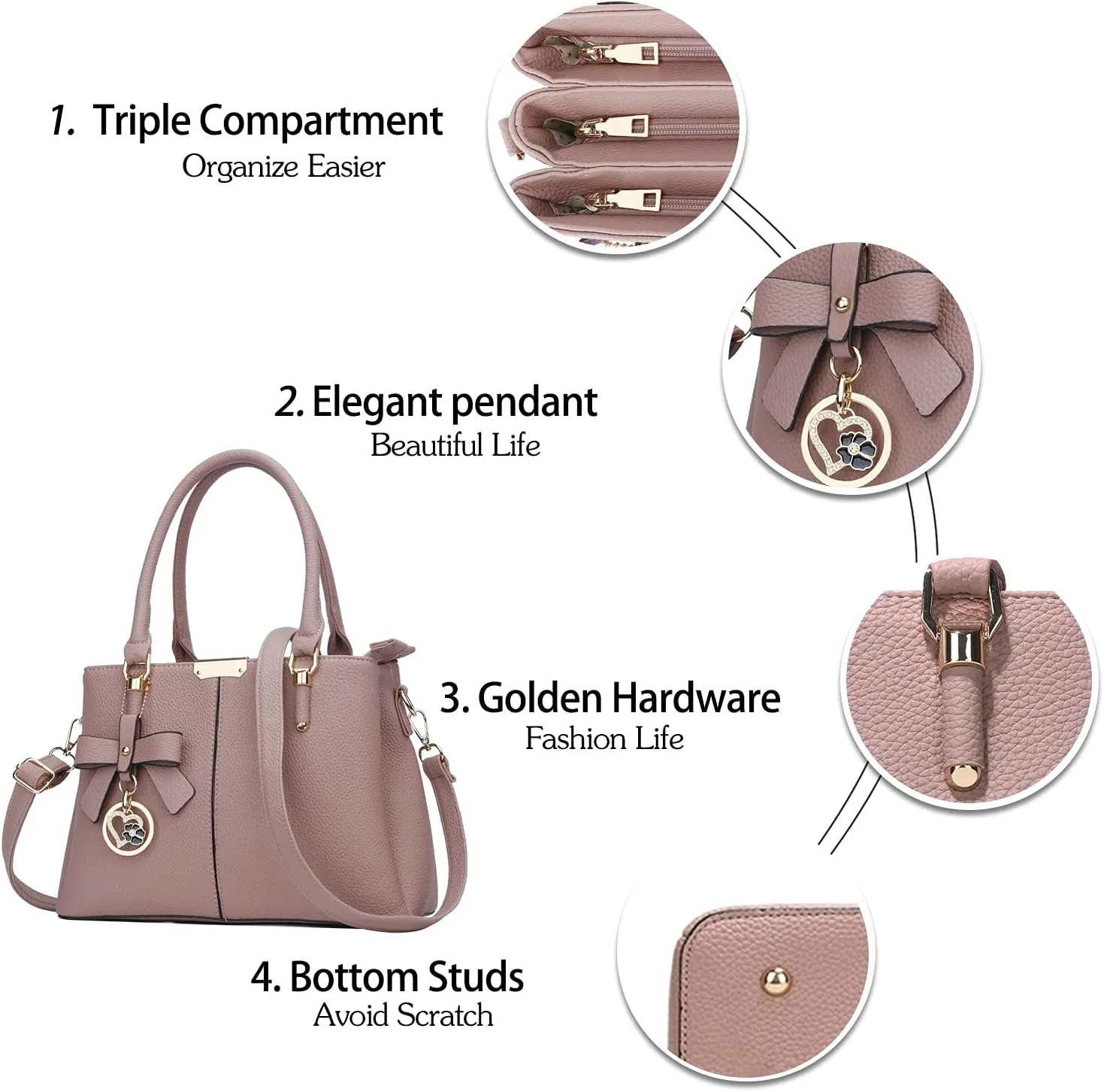 KKXIU 3 Zippered Compartments Purses and Handbags for Women Top Handle Satchel Shoulder Ladies Bags