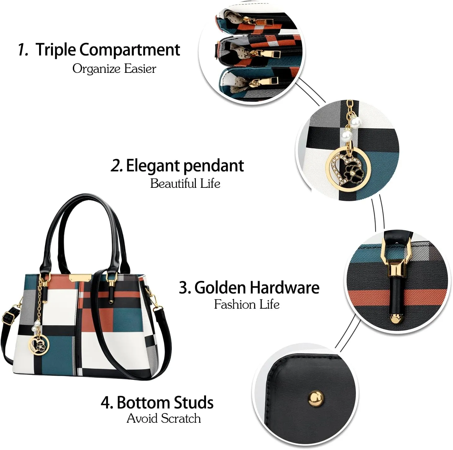 KKXIU 3 Zippered Compartments Purses and Handbags for Women Top Handle Satchel Shoulder Ladies Bags