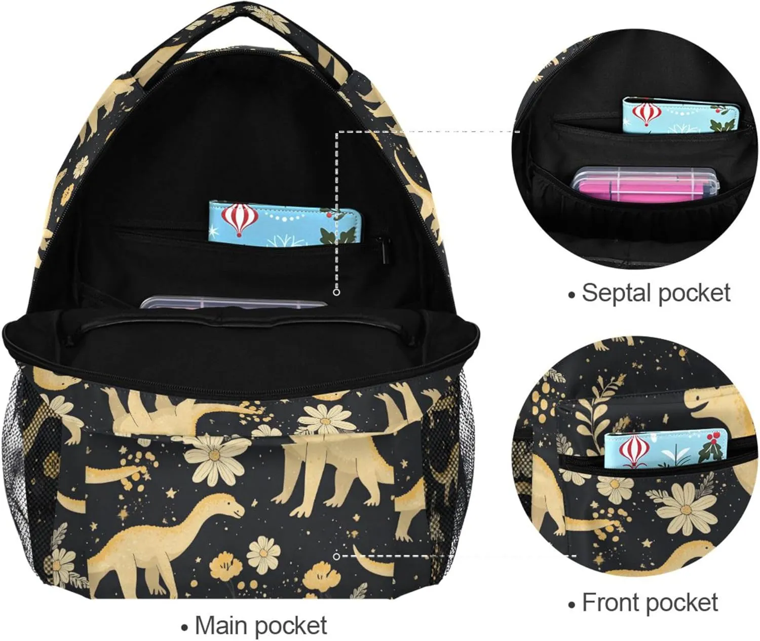KLL Fun Backpack for Unisex Adult Fashion Stylish Travel Bags with Chest Strap for College Work Cartoon Dino