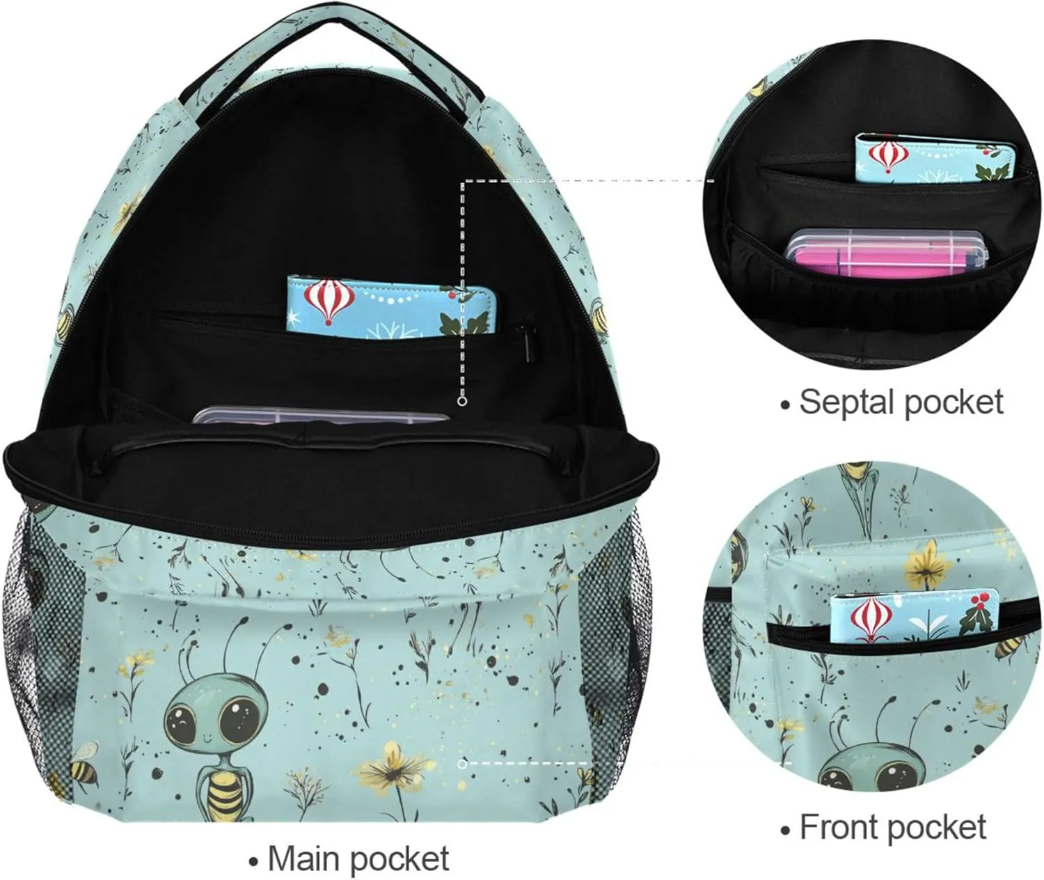 KLL Fun Backpack for Women Men Fashion Business Work Bag with Chest Strap for Business Work College Travel Trip Cute Aliens Turquoise