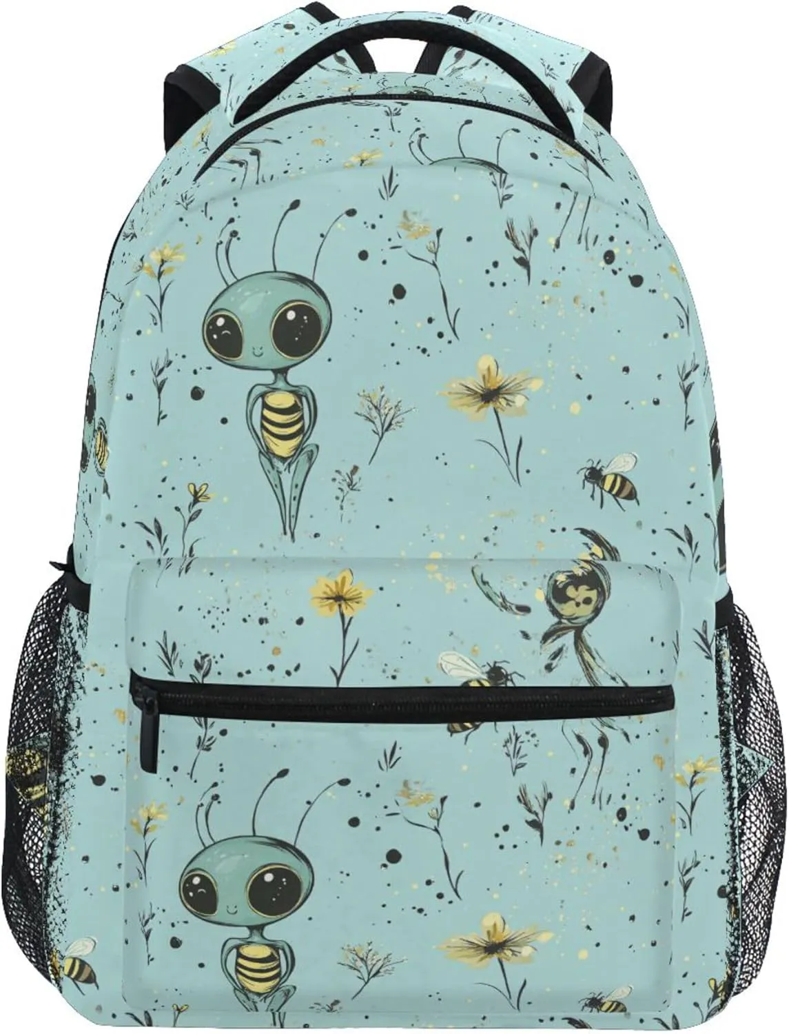 KLL Fun Backpack for Women Men Fashion Business Work Bag with Chest Strap for Business Work College Travel Trip Cute Aliens Turquoise