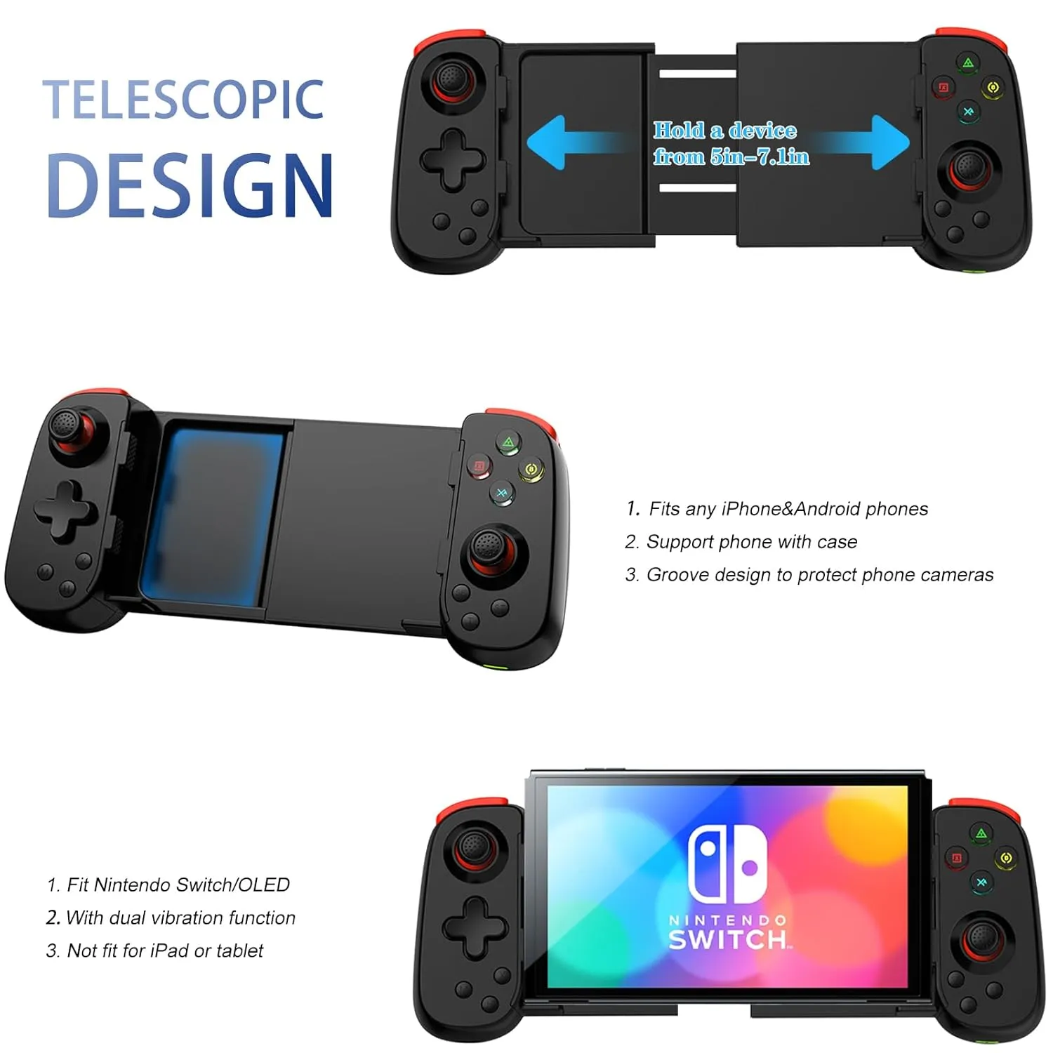 Koiiko Wireless Controller for iPhone/Android/PC/iPad/Tablet/Appl Arcade MFi Games/Switch, Support Streaming on PS/Xbox/PC Console, Cloud Gaming Gamepad Joystick - Turbo/Dual Motors Black