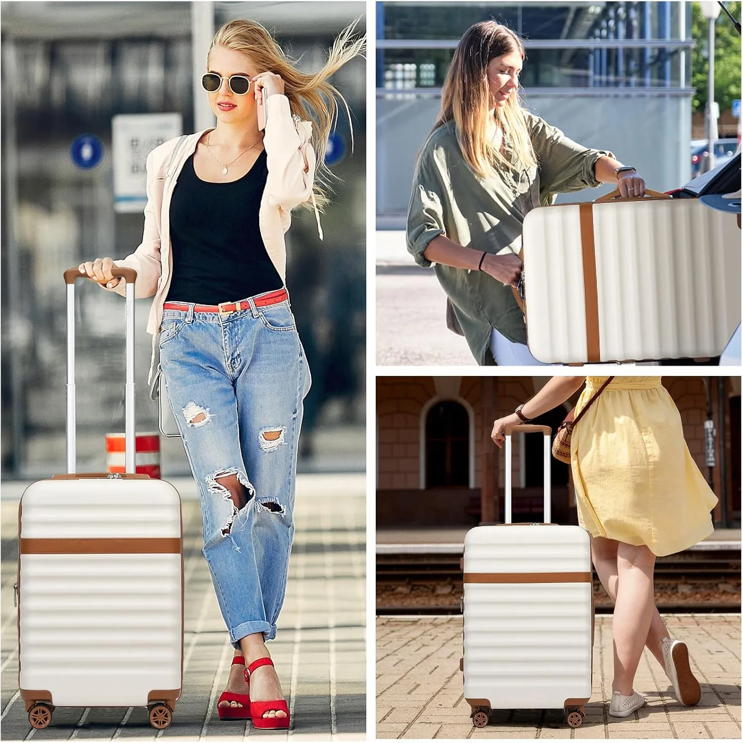 Kono Airline - Approved Carry - On Luggage, 22x14x9 inches, with TSA Lock, 20 - Inch Expandable Lightweight Hardshell Suitcase (Cream- Brown, Suitable for 1-3 Days of Travel)