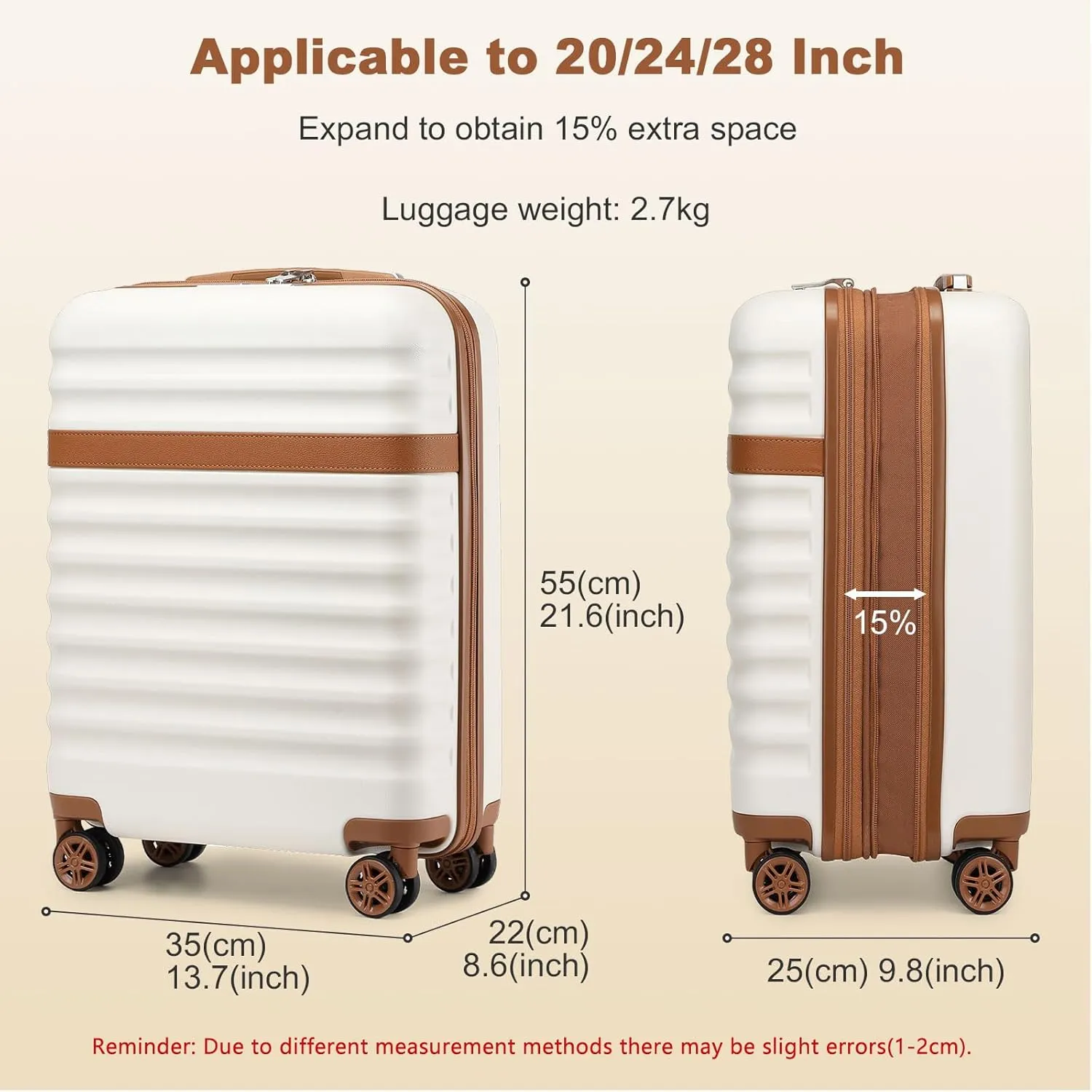 Kono Airline - Approved Carry - On Luggage, 22x14x9 inches, with TSA Lock, 20 - Inch Expandable Lightweight Hardshell Suitcase (Cream- Brown, Suitable for 1-3 Days of Travel)