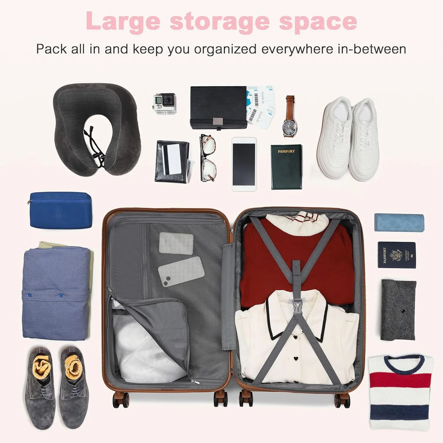 Kono Expandable 28 - Inch Large Checked Luggage: ABS PC Hardside Trolley Travel Case - Hard Shell Suitcase with TSA Lock, Cream - Pink