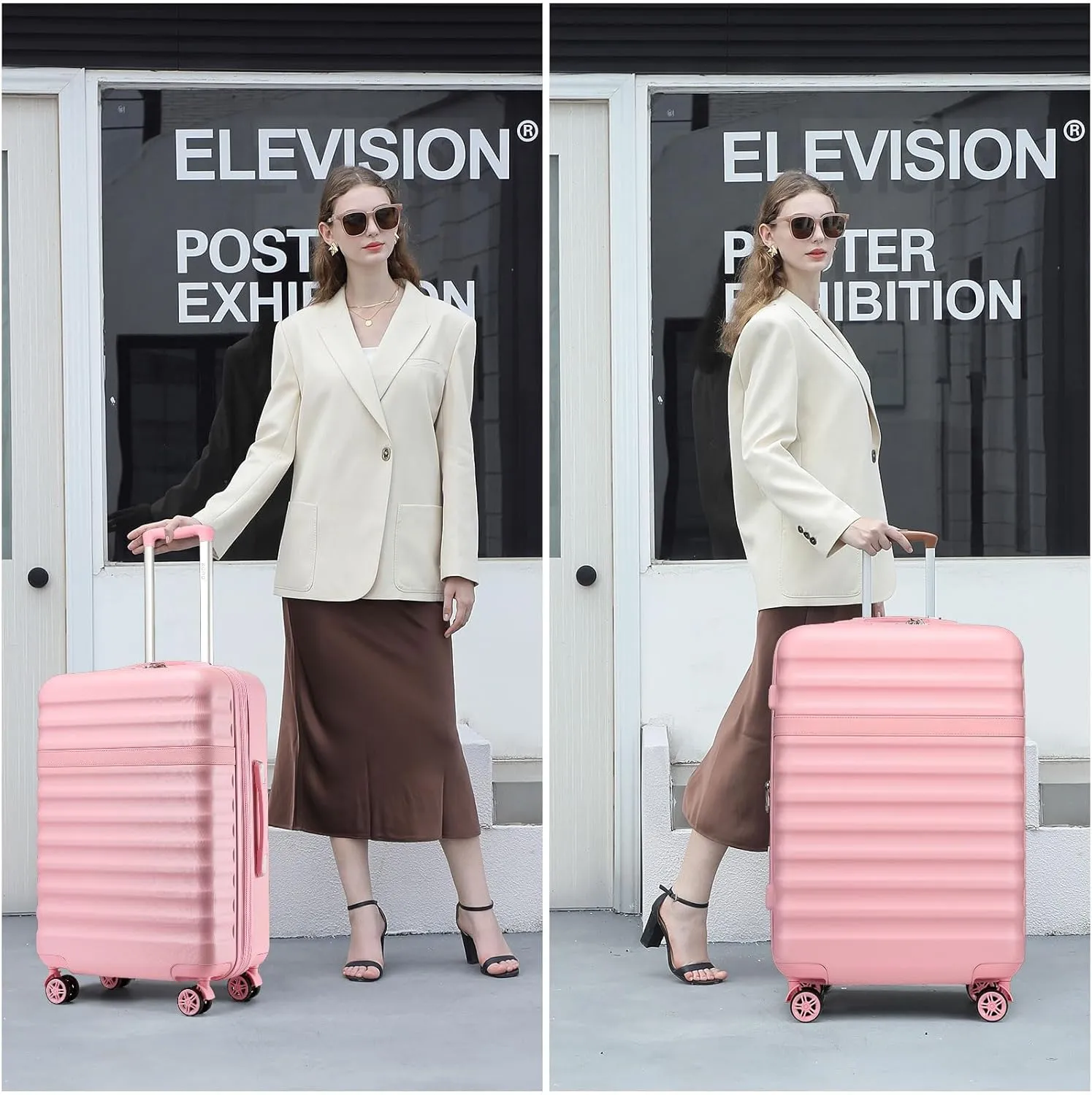 Kono Expandable 28 - Inch Large Checked Luggage: ABS PC Hardside Trolley Travel Case - Hard Shell Suitcase with TSA Lock, Cream - Pink