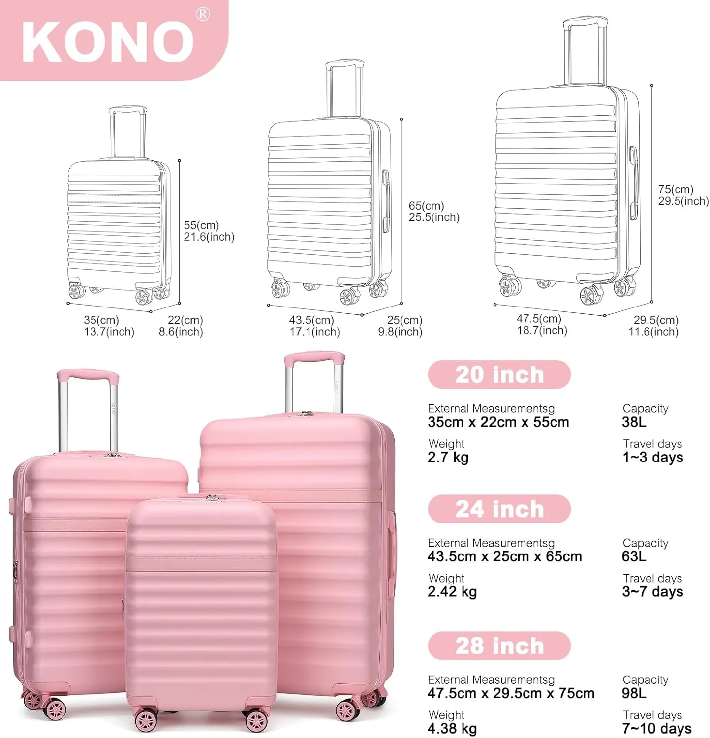 Kono Expandable 28 - Inch Large Checked Luggage: ABS PC Hardside Trolley Travel Case - Hard Shell Suitcase with TSA Lock, Cream - Pink
