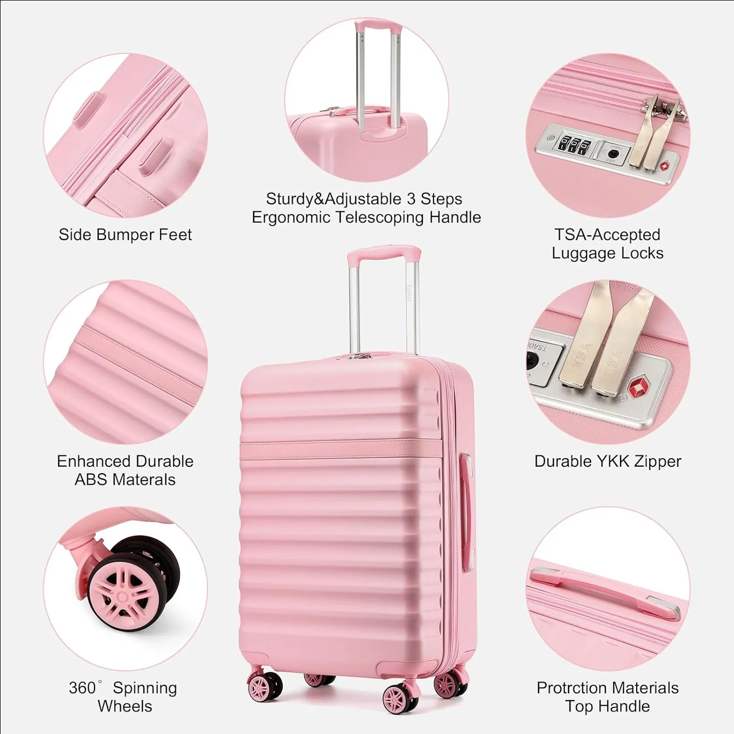 Kono Expandable 28 - Inch Large Checked Luggage: ABS PC Hardside Trolley Travel Case - Hard Shell Suitcase with TSA Lock, Cream - Pink
