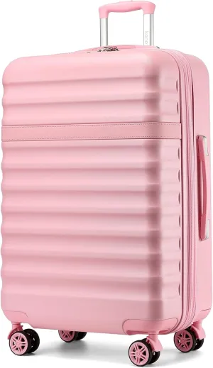 Kono Expandable 28 - Inch Large Checked Luggage: ABS PC Hardside Trolley Travel Case - Hard Shell Suitcase with TSA Lock, Cream - Pink