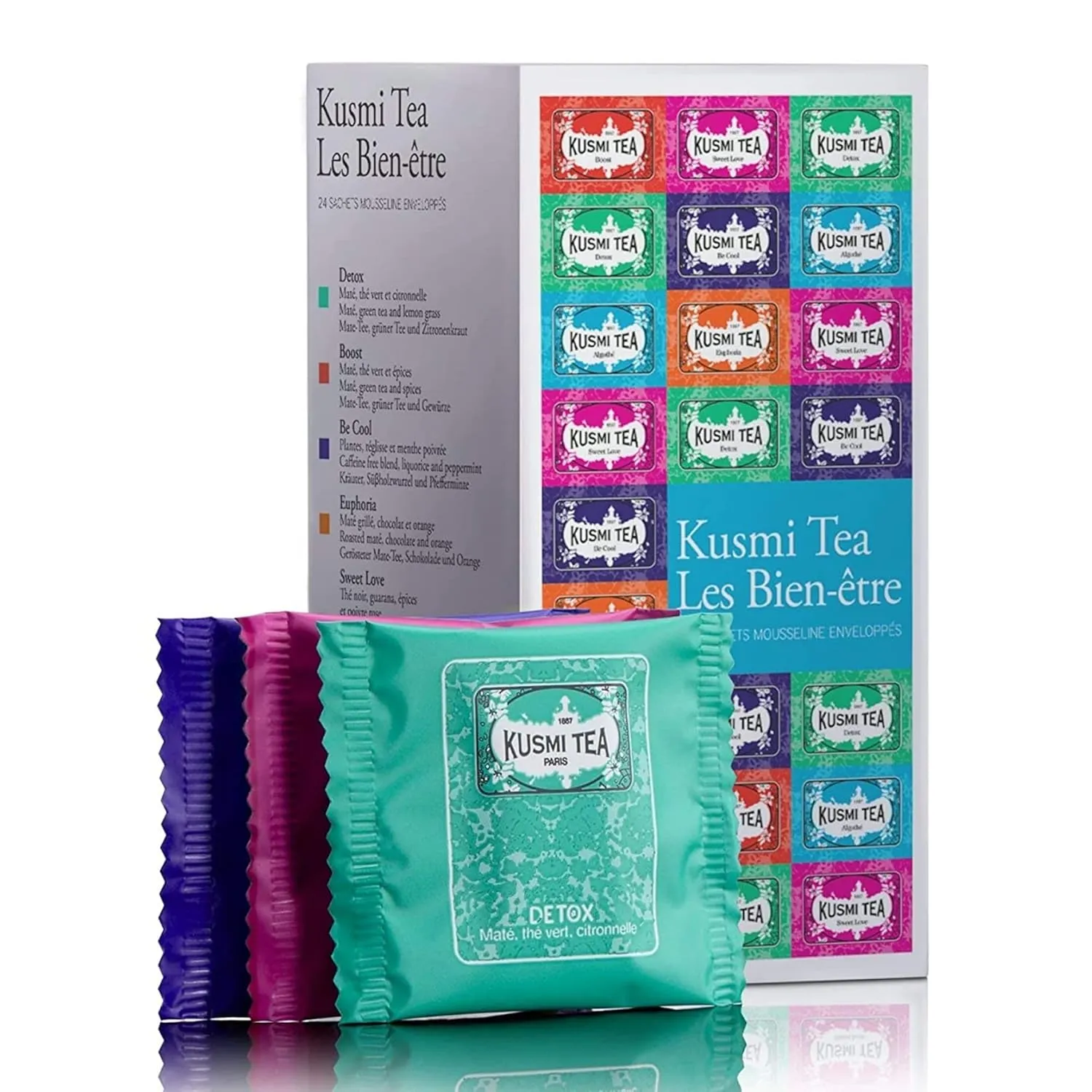 Kusmi Tea Wellness Gift Set - 24 Muslin Tea Bags - Flavored Blends of Green, Mate & Herbal Teas - Includes Detox, BB Detox, Boost, Sweet Love & Be Cool