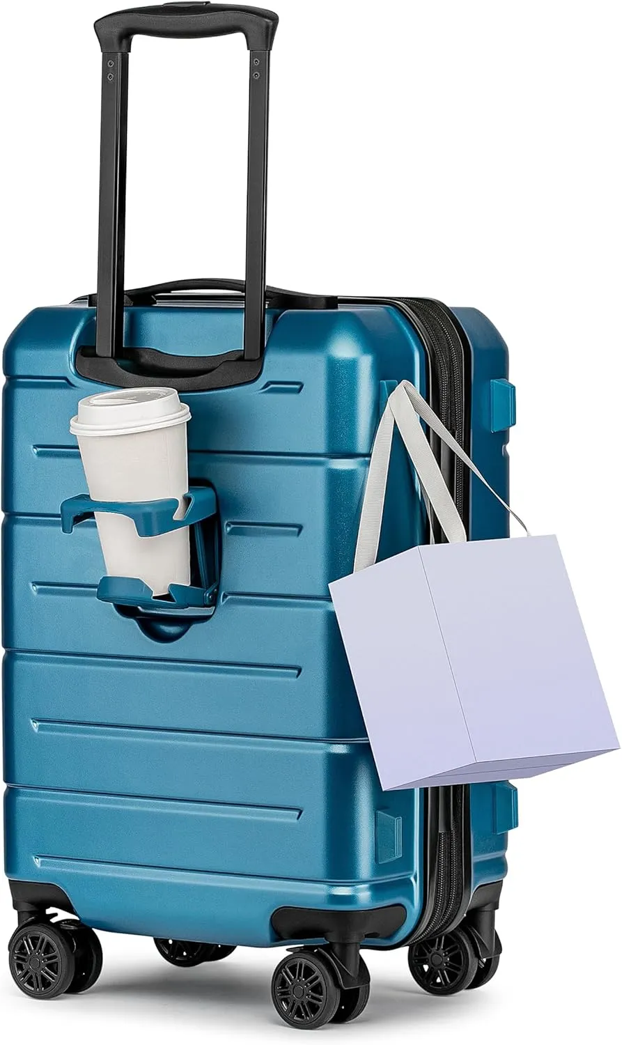 KYME Hardside Expandable Carry On Luggage 22x14x9 Airline Approved,20 Inch Hard Shell Suitcase with Double Spinner Wheels TSA Lock,Travel Rolling Luggage with Cup Holder for Men Women,Light Blue