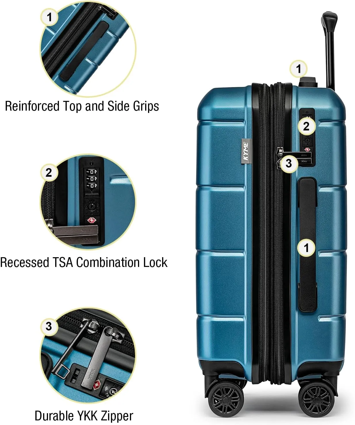 KYME Hardside Expandable Carry On Luggage 22x14x9 Airline Approved,20 Inch Hard Shell Suitcase with Double Spinner Wheels TSA Lock,Travel Rolling Luggage with Cup Holder for Men Women,Light Blue