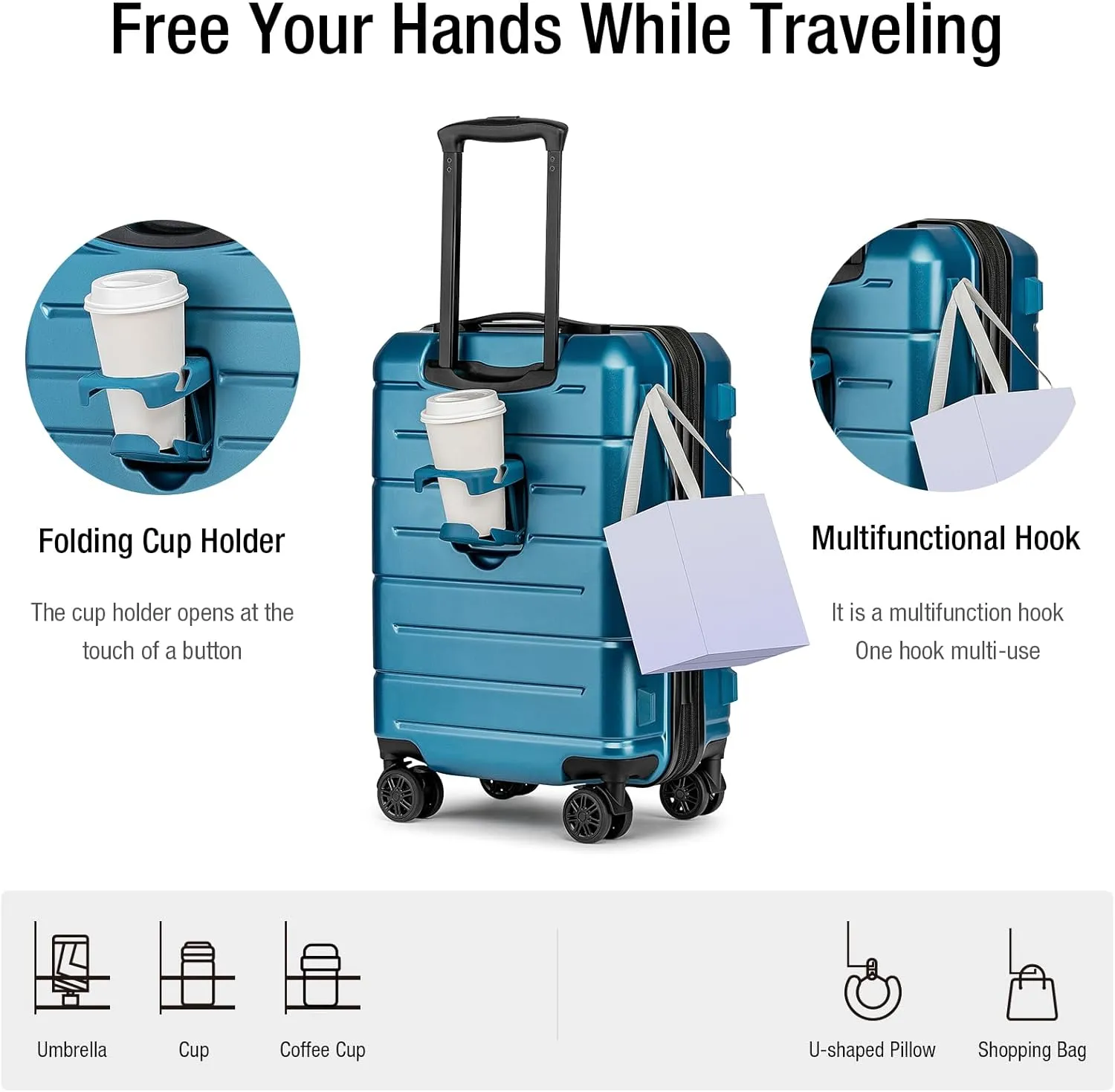 KYME Hardside Expandable Carry On Luggage 22x14x9 Airline Approved,20 Inch Hard Shell Suitcase with Double Spinner Wheels TSA Lock,Travel Rolling Luggage with Cup Holder for Men Women,Light Blue