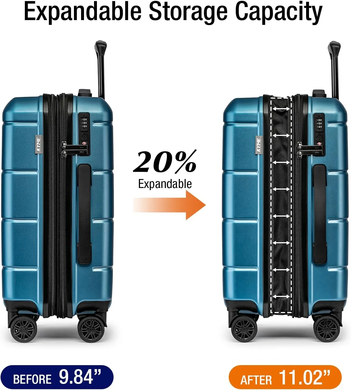 KYME Hardside Expandable Carry On Luggage 22x14x9 Airline Approved,20 Inch Hard Shell Suitcase with Double Spinner Wheels TSA Lock,Travel Rolling Luggage with Cup Holder for Men Women,Light Blue