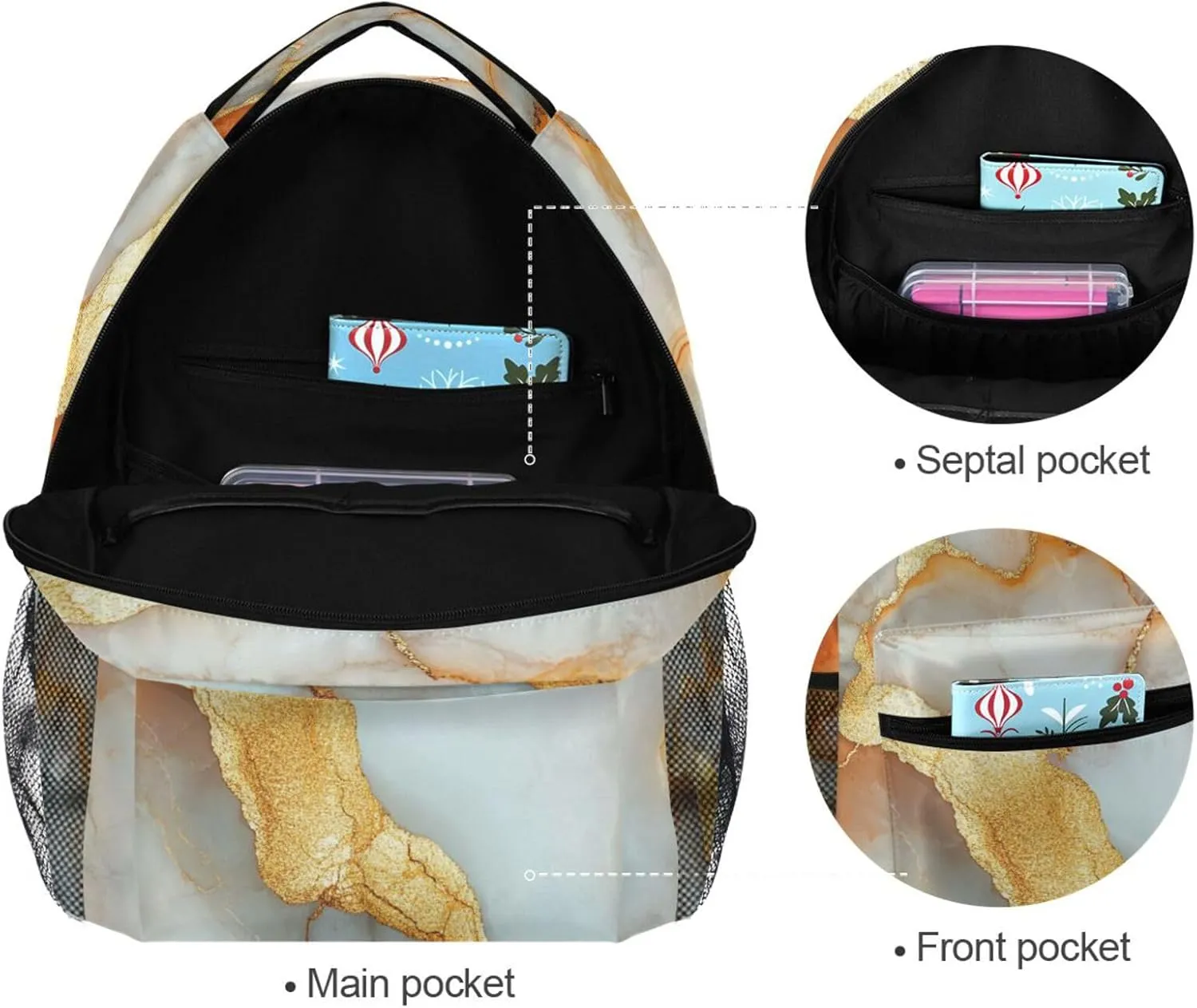 Laptop Backpack for Teens Boys Girls Waterproof Business Work Bag with Chest Strap for Travel Trip Marble White Orange