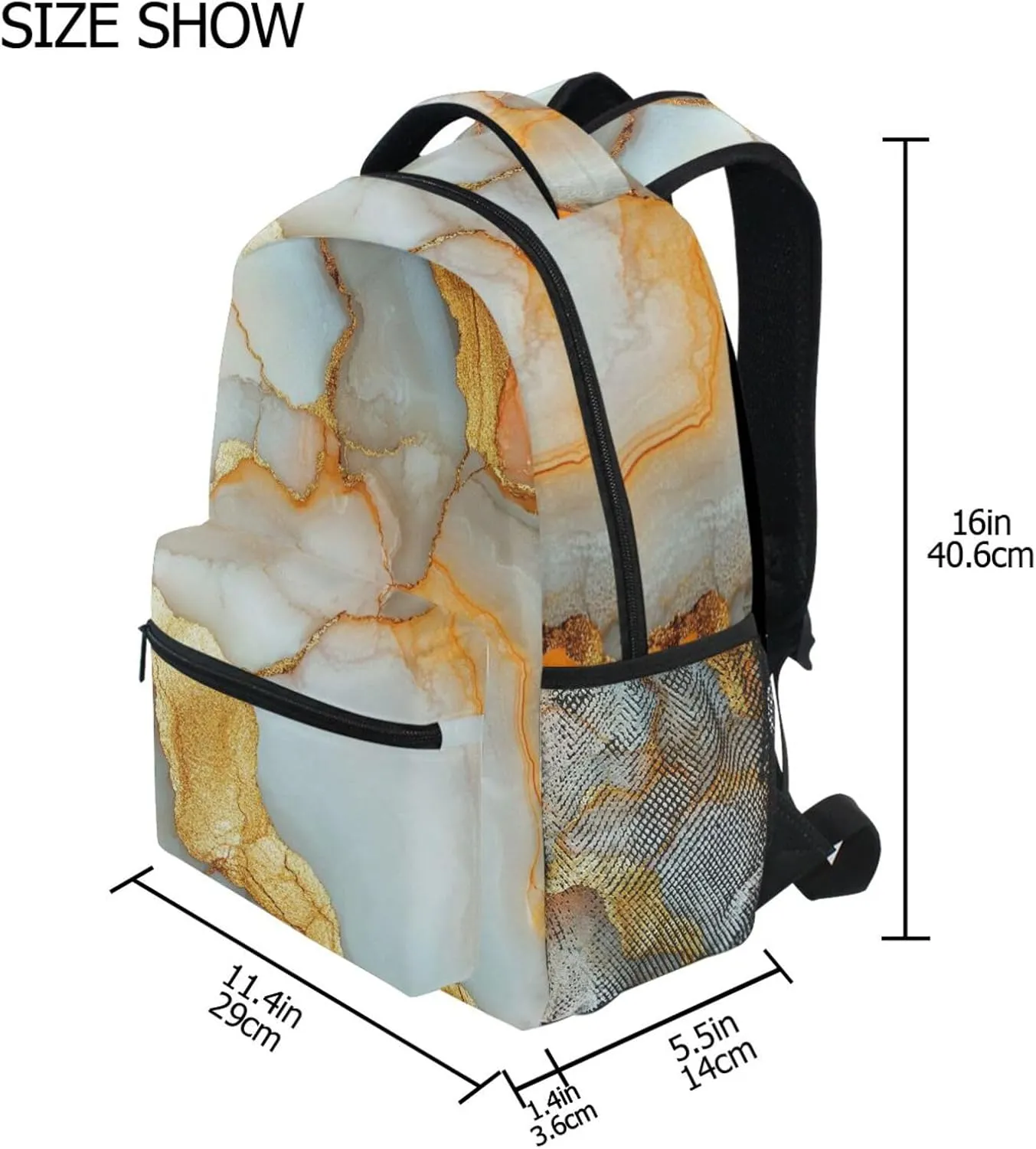 Laptop Backpack for Teens Boys Girls Waterproof Business Work Bag with Chest Strap for Travel Trip Marble White Orange