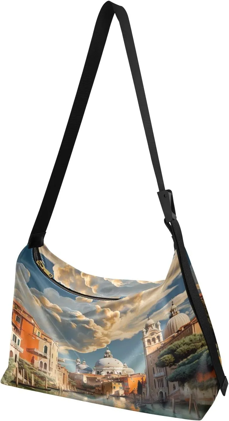 Large Blossoms Flowers Painted Hobo Bag with Zipper, Women's Shoulder Bags, Vegan Crossbody Bag