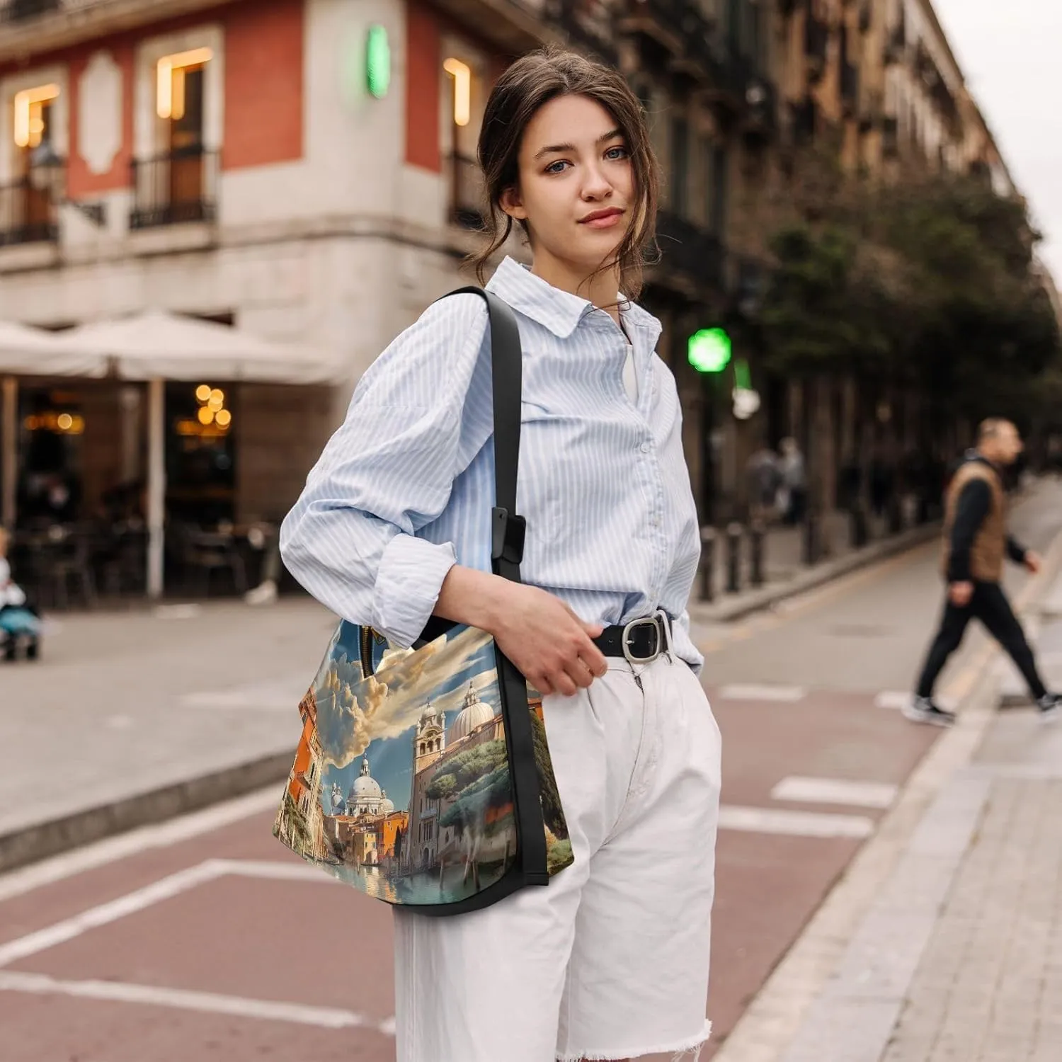Large Blossoms Flowers Painted Hobo Bag with Zipper, Women's Shoulder Bags, Vegan Crossbody Bag