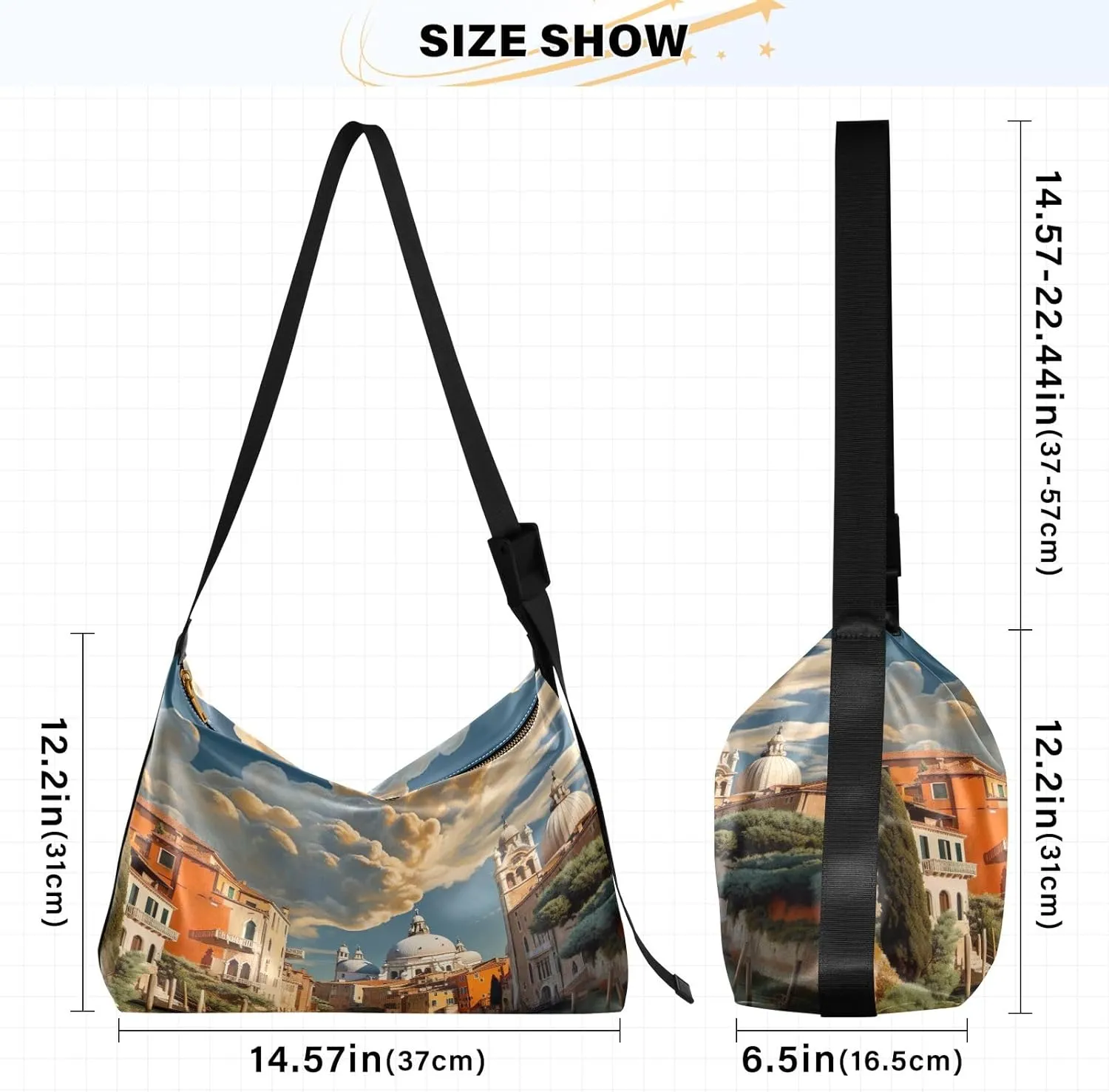 Large Blossoms Flowers Painted Hobo Bag with Zipper, Women's Shoulder Bags, Vegan Crossbody Bag