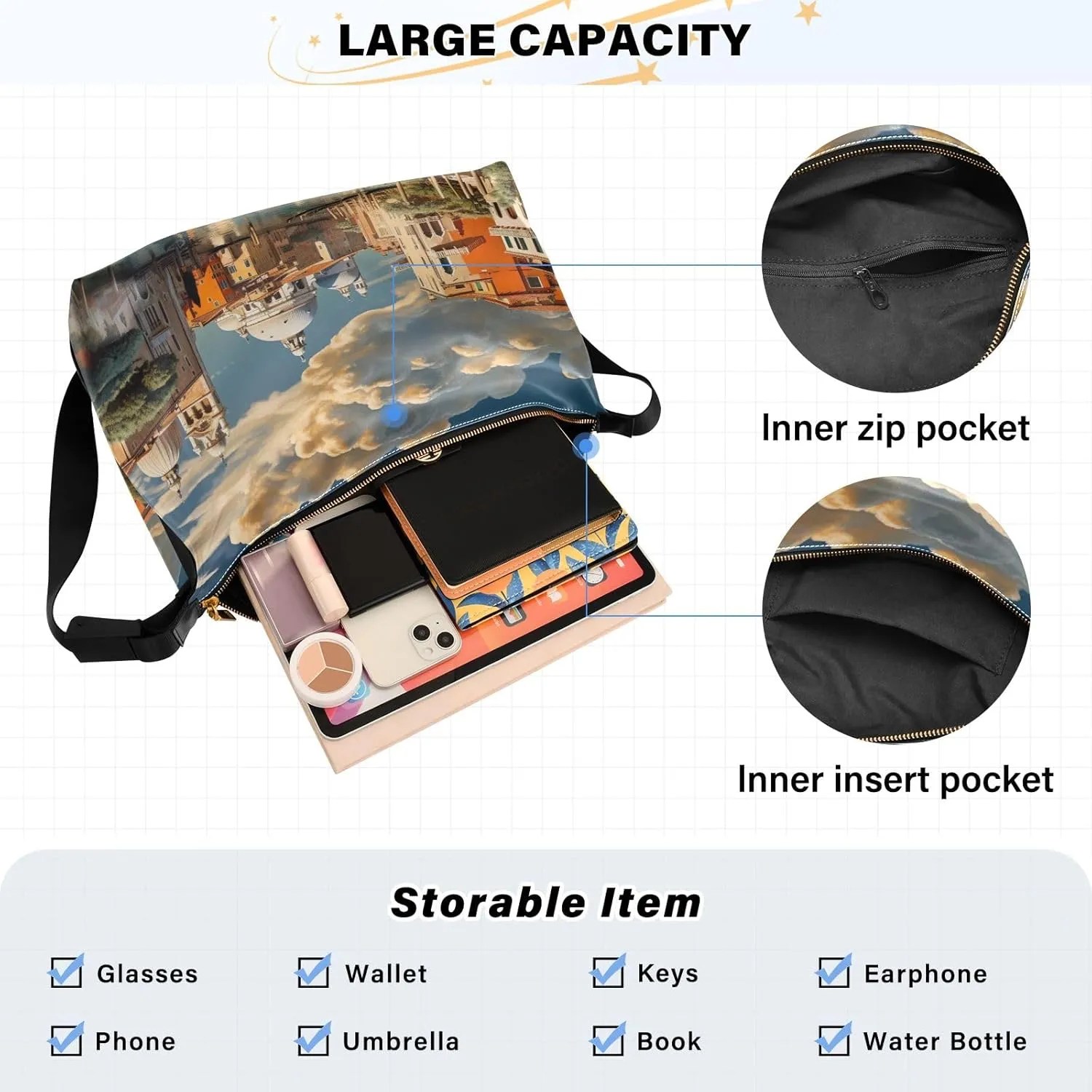 Large Blossoms Flowers Painted Hobo Bag with Zipper, Women's Shoulder Bags, Vegan Crossbody Bag