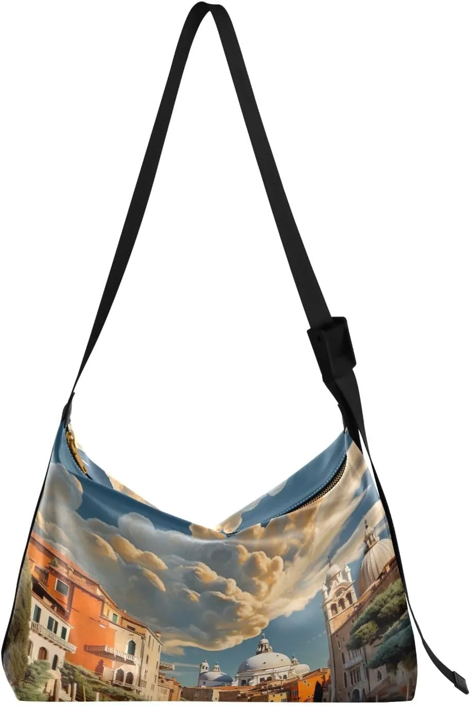 Large Blossoms Flowers Painted Hobo Bag with Zipper, Women's Shoulder Bags, Vegan Crossbody Bag