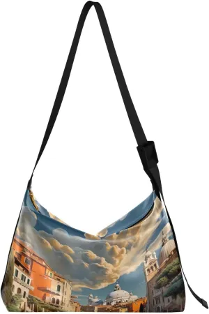 Large Blossoms Flowers Painted Hobo Bag with Zipper, Women's Shoulder Bags, Vegan Crossbody Bag