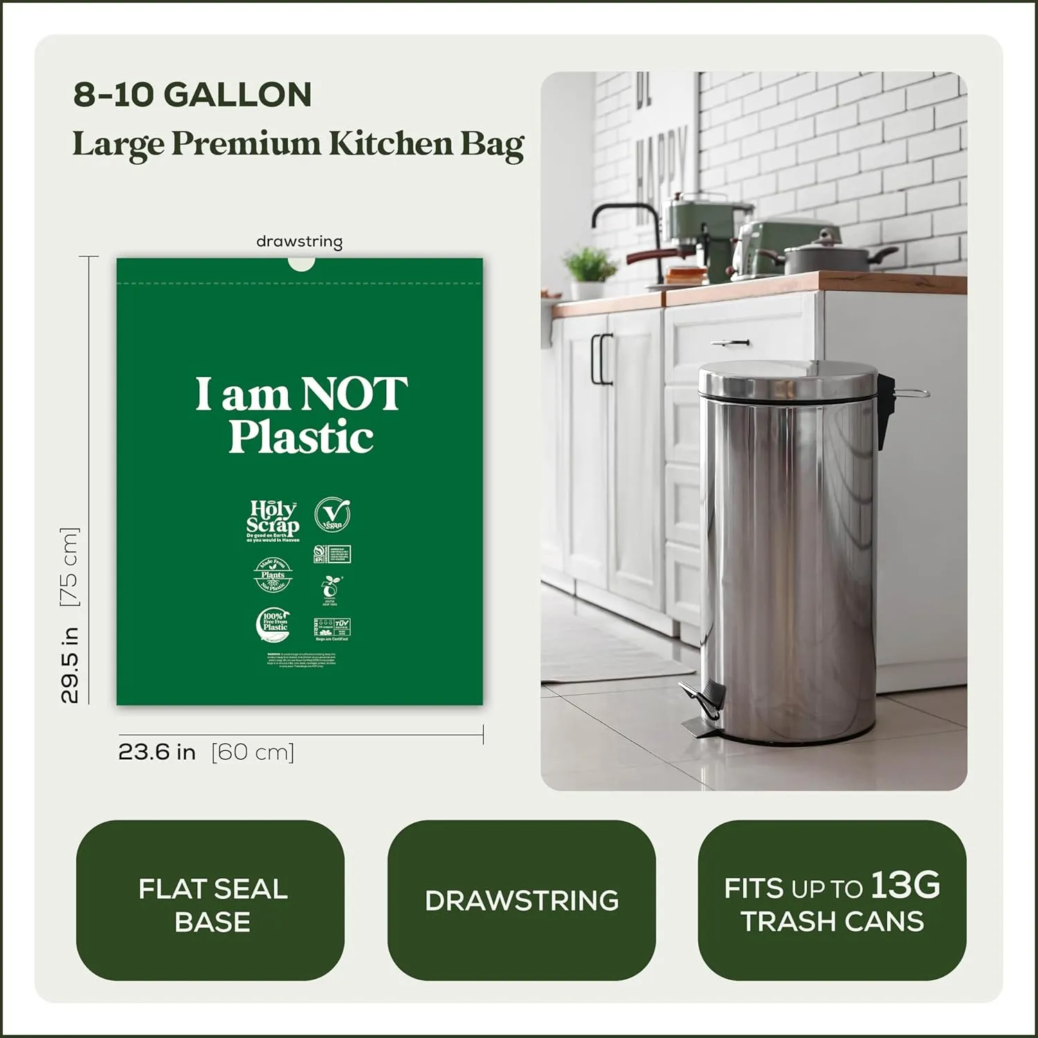 Large Compostable Drawstring Trash Bags - 8-10 Gallon, 30 Pack | Plastic-Free Kitchen & Bathroom Garbage Bags with Drawstring Handles | Thick Bin Bag Liners for Green & Food Waste