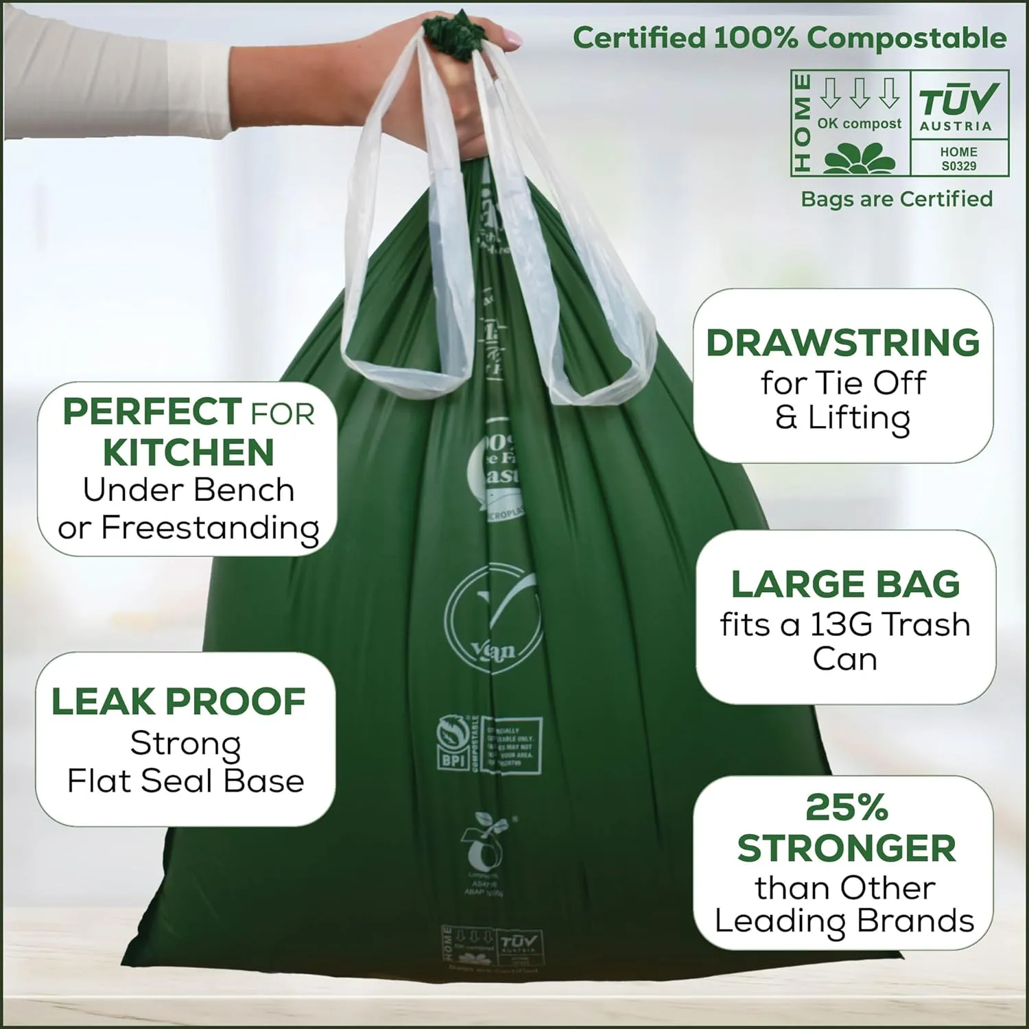 Large Compostable Drawstring Trash Bags - 8-10 Gallon, 30 Pack | Plastic-Free Kitchen & Bathroom Garbage Bags with Drawstring Handles | Thick Bin Bag Liners for Green & Food Waste